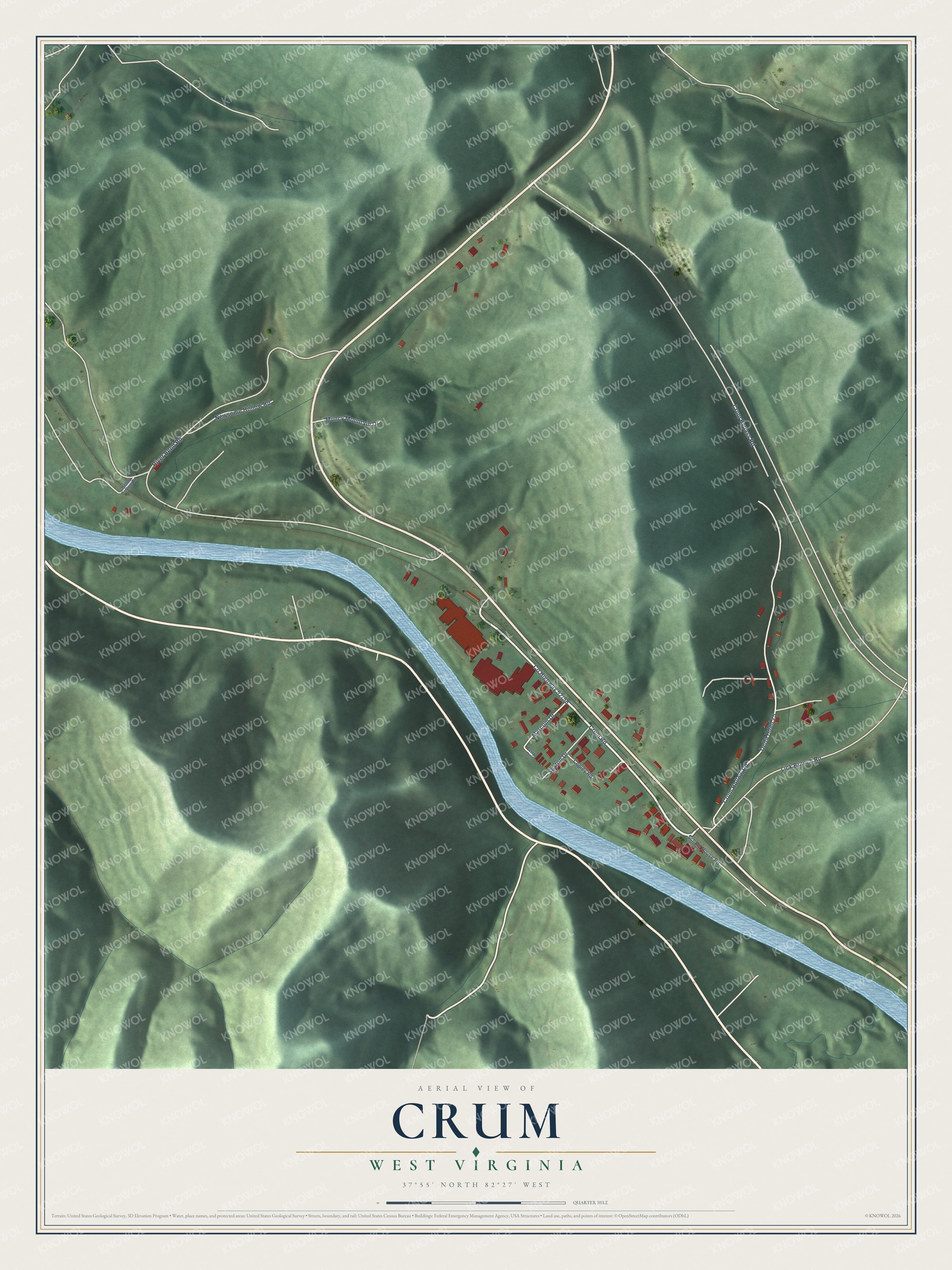 Full map of Crum, West Virginia, with red buildings, printed street names and the land around them