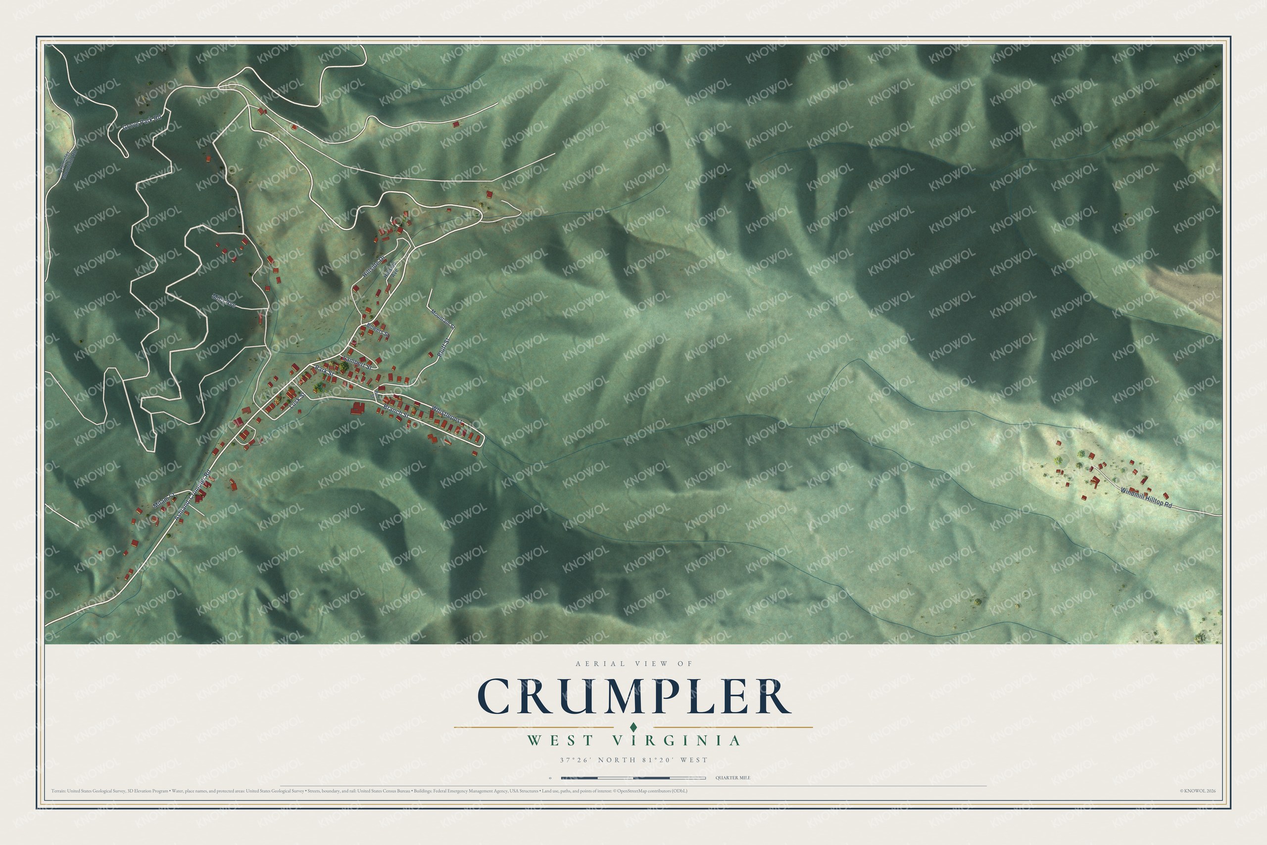 Full map of Crumpler, West Virginia, with red buildings, printed street names and the land around them