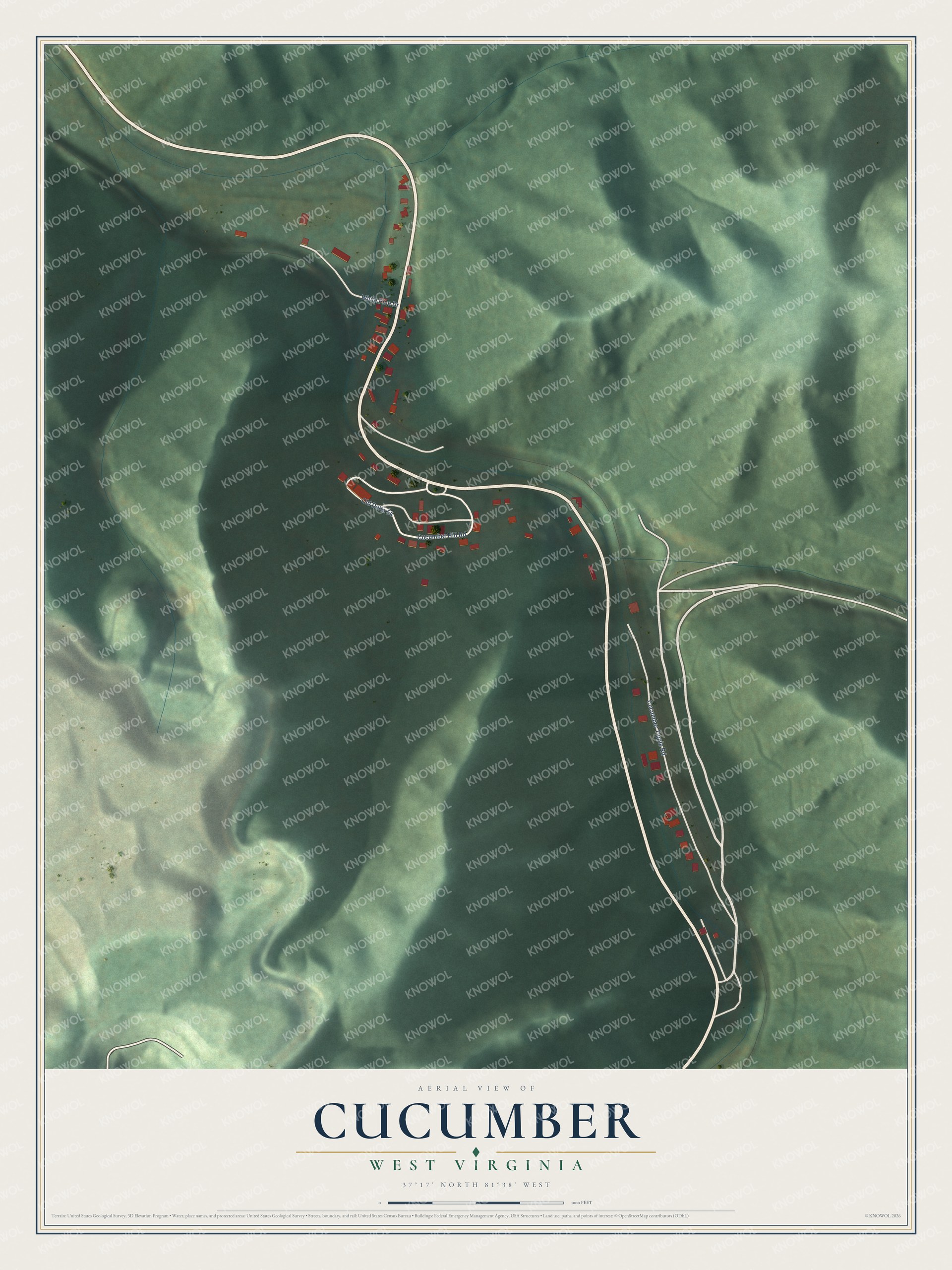 Full map of Cucumber, West Virginia, with red buildings, printed street names and the land around them