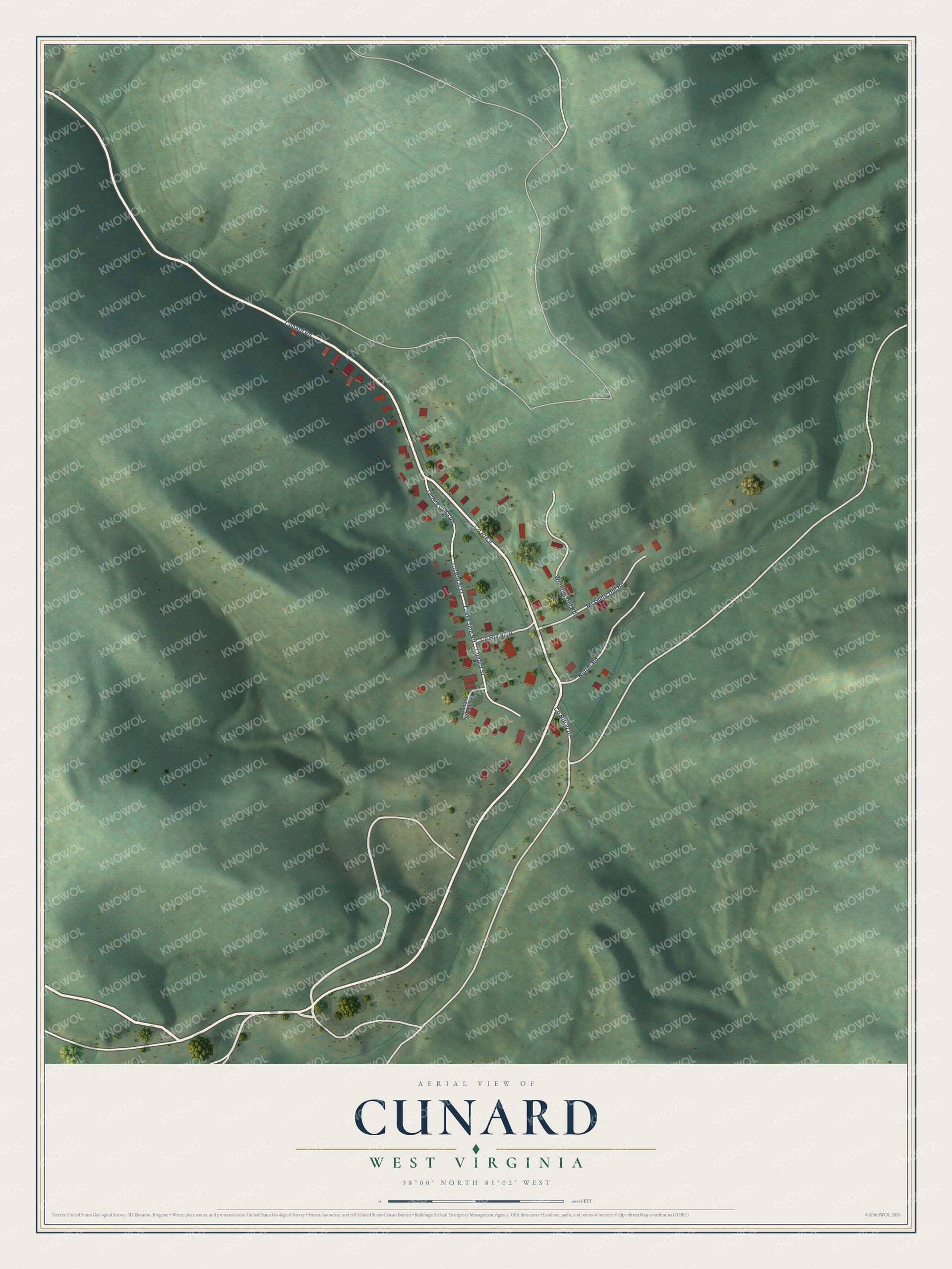 Full map of Cunard, West Virginia, with red buildings, printed street names and the land around them