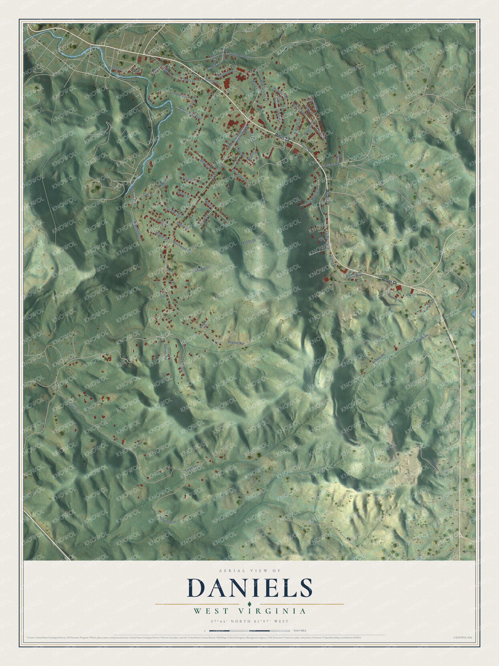 Full map of Daniels, West Virginia, with red buildings, printed street names and the land around them