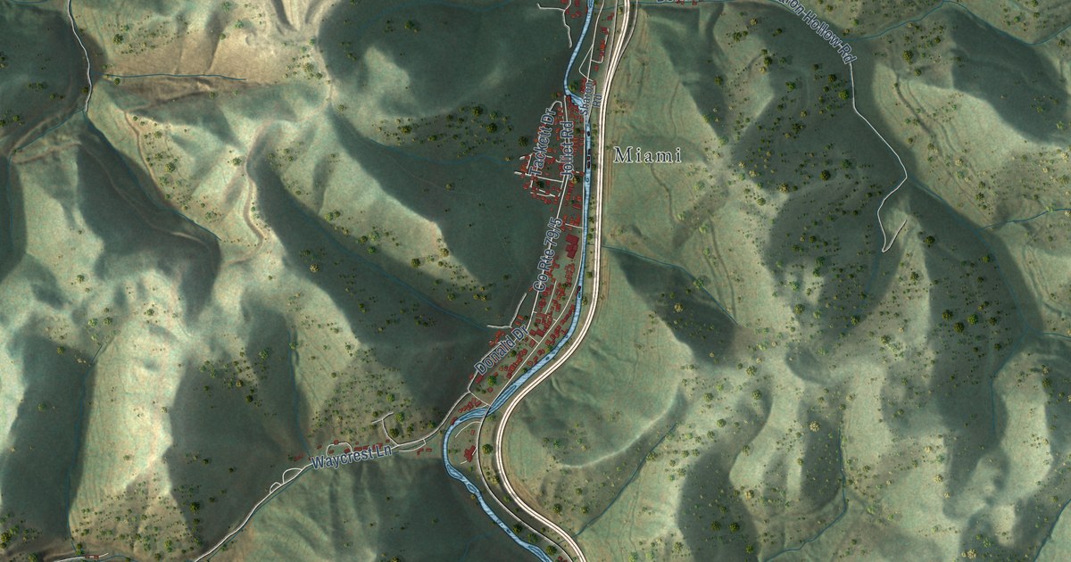Close-up of streets and buildings in Dawes, West Virginia