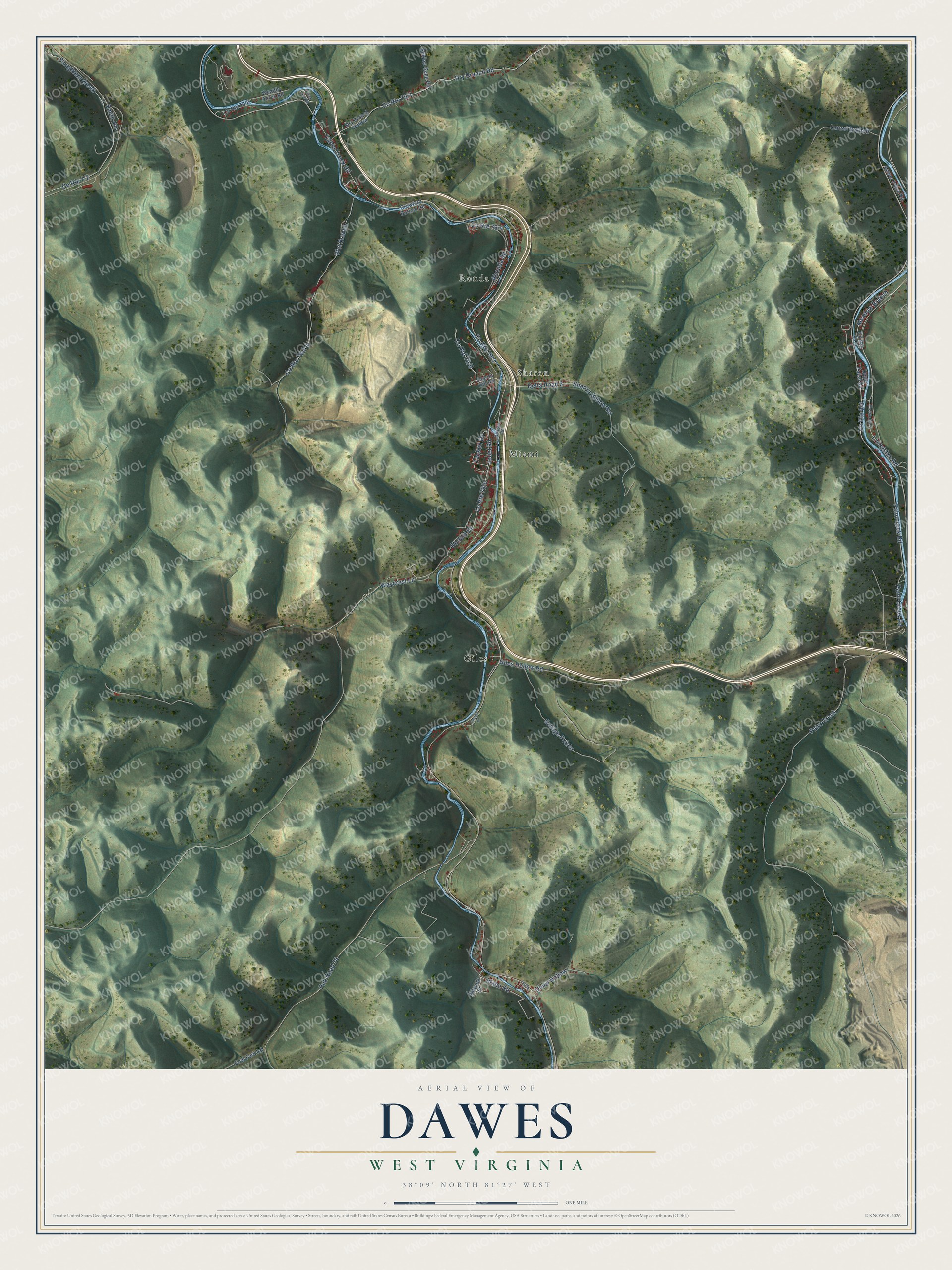 Full map of Dawes, West Virginia, with red buildings, printed street names and the land around them