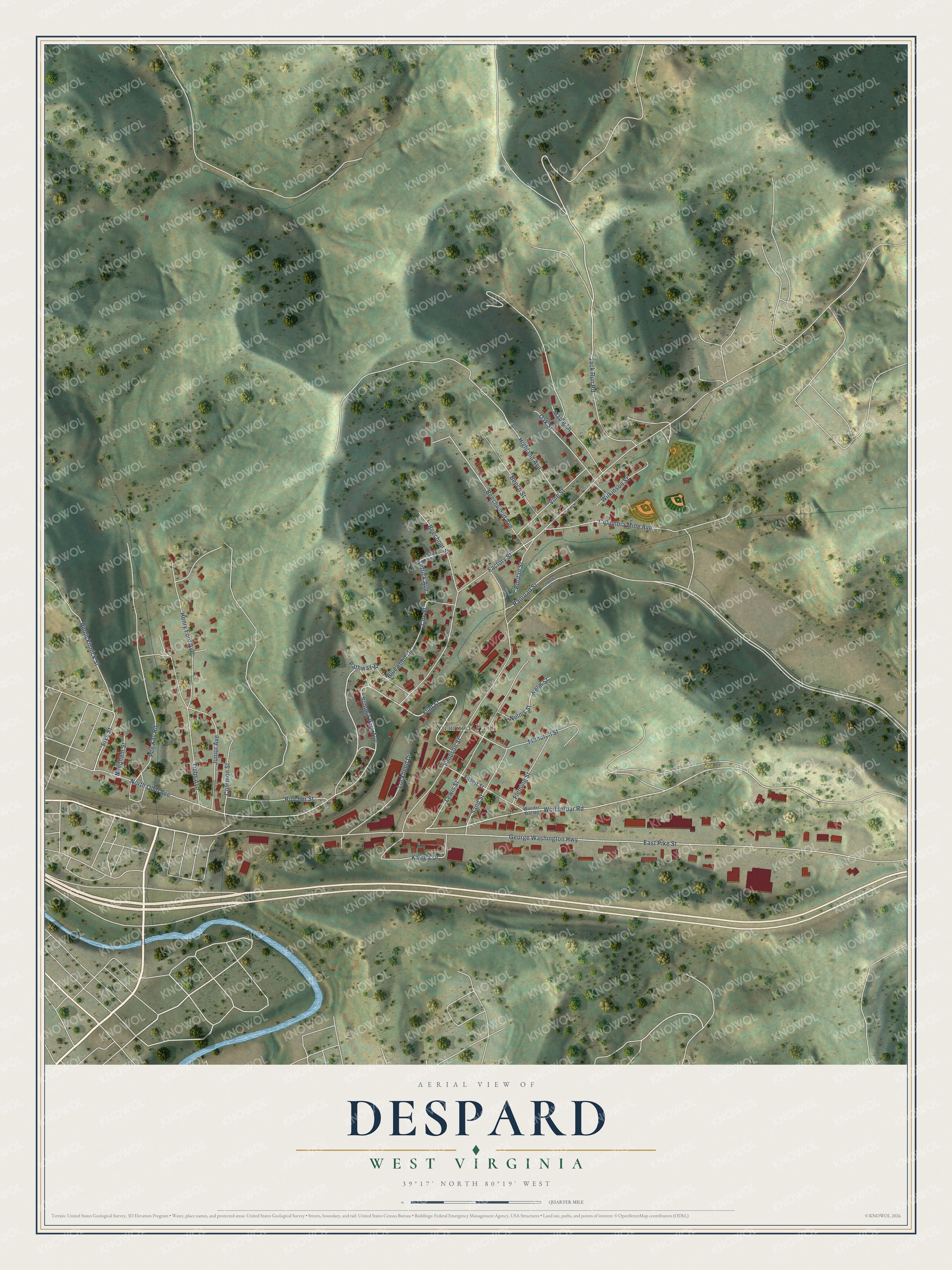 Full map of Despard, West Virginia, with red buildings, printed street names and the land around them