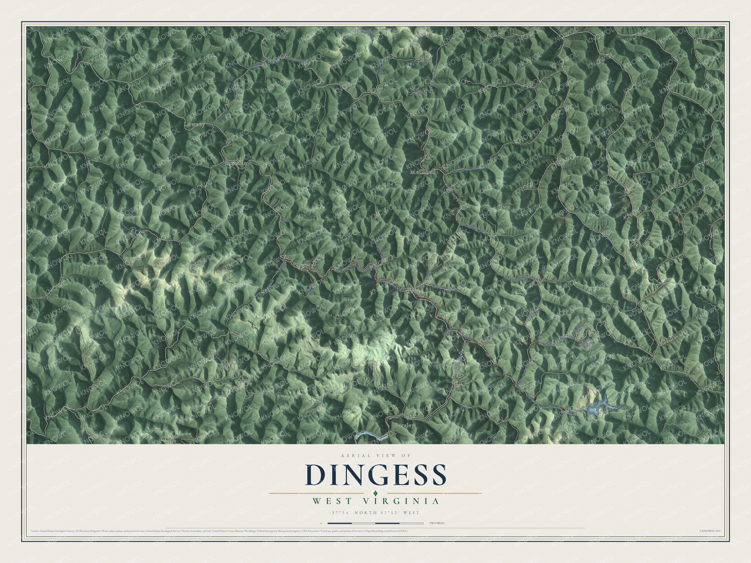 Full map of Dingess, West Virginia, with red buildings, printed street names and the land around them