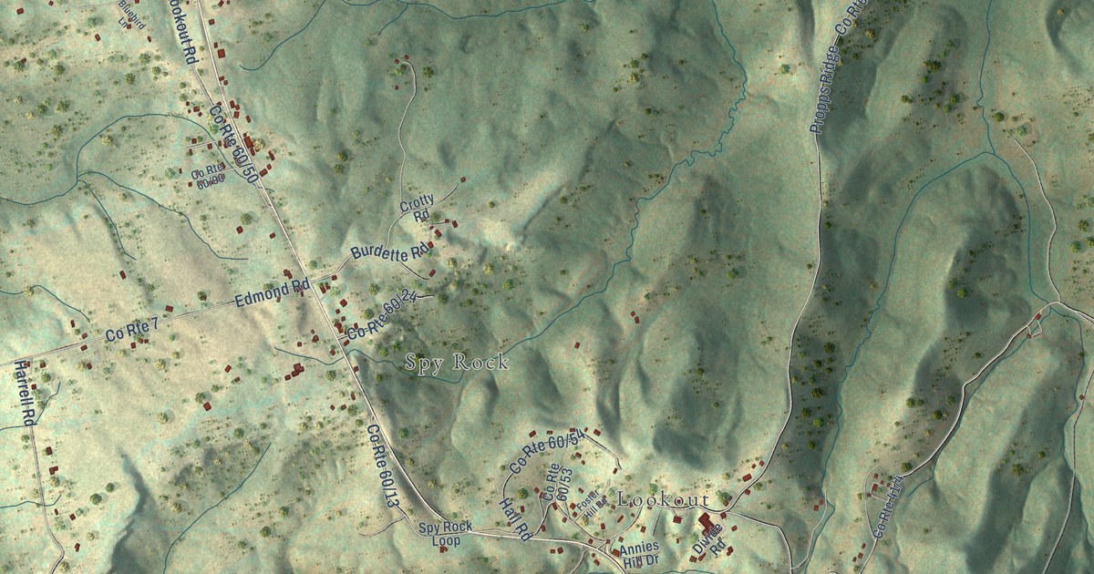 Close-up of streets and buildings in Divide, West Virginia