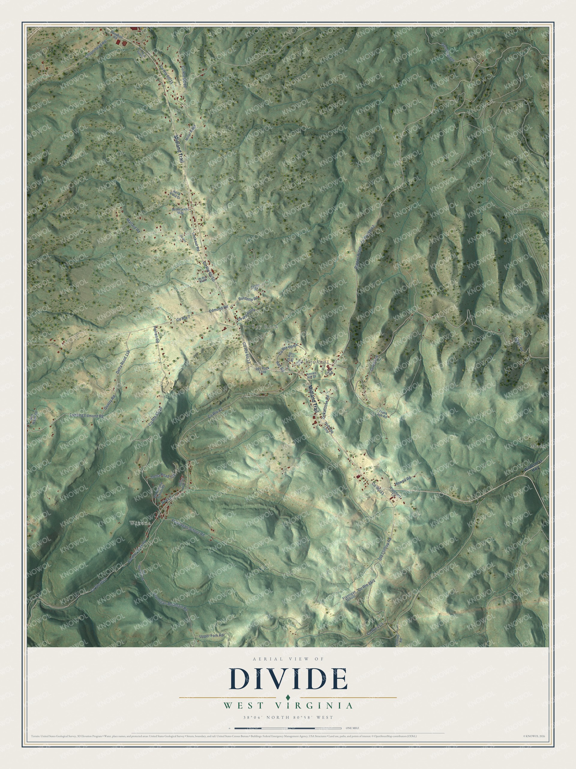Full map of Divide, West Virginia, with red buildings, printed street names and the land around them