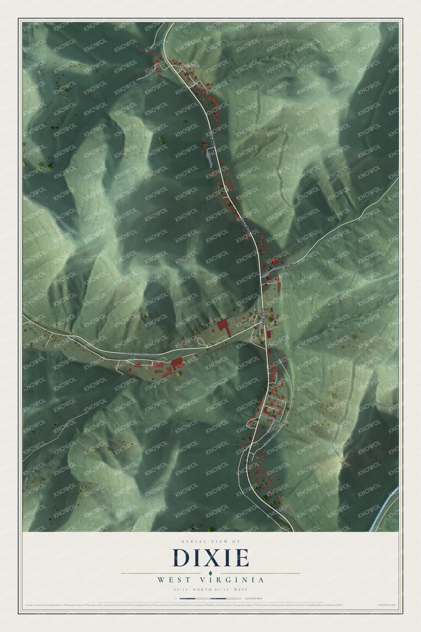 Full map of Dixie, West Virginia, with red buildings, printed street names and the land around them
