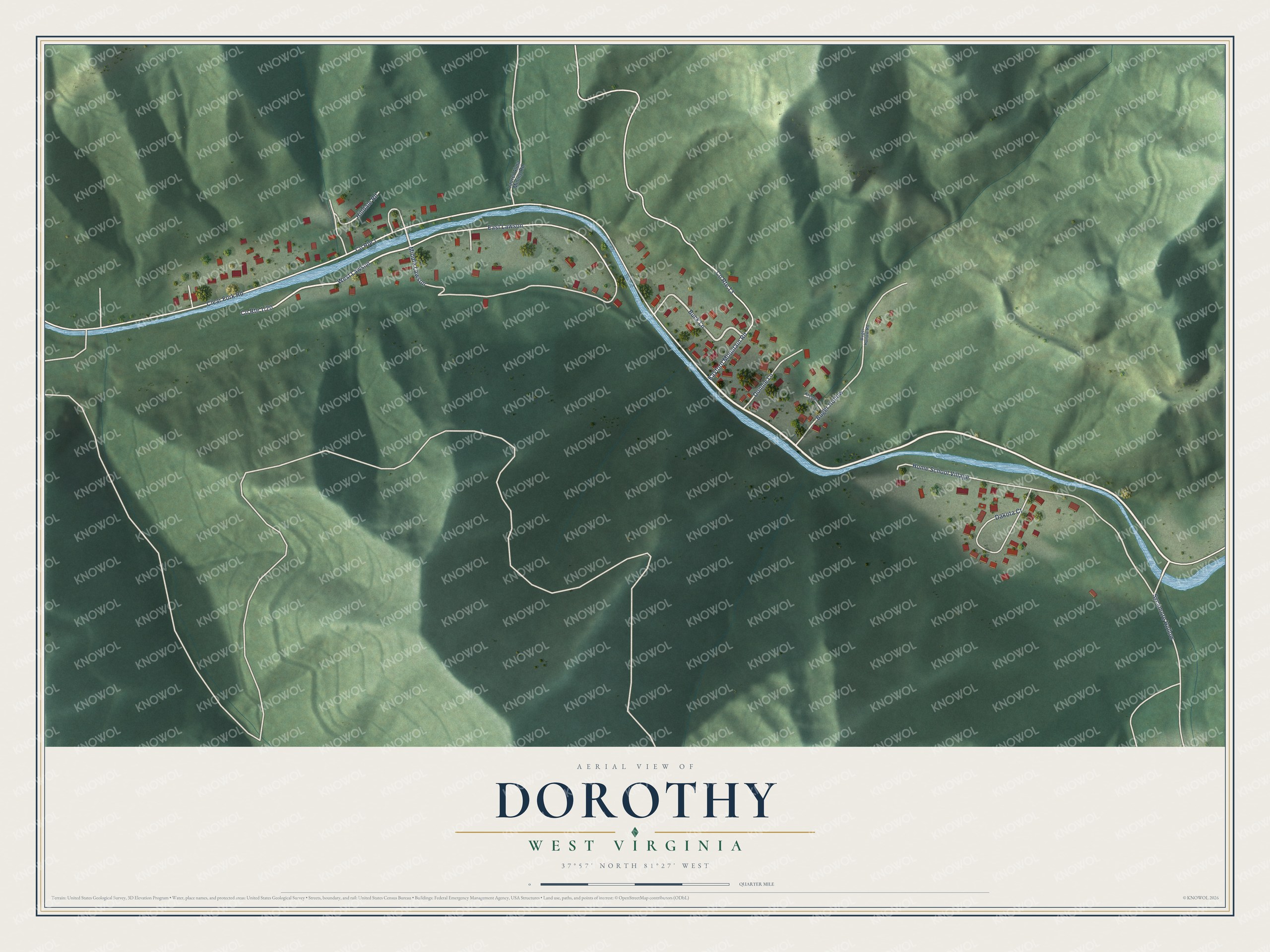 Full map of Dorothy, West Virginia, with red buildings, printed street names and the land around them