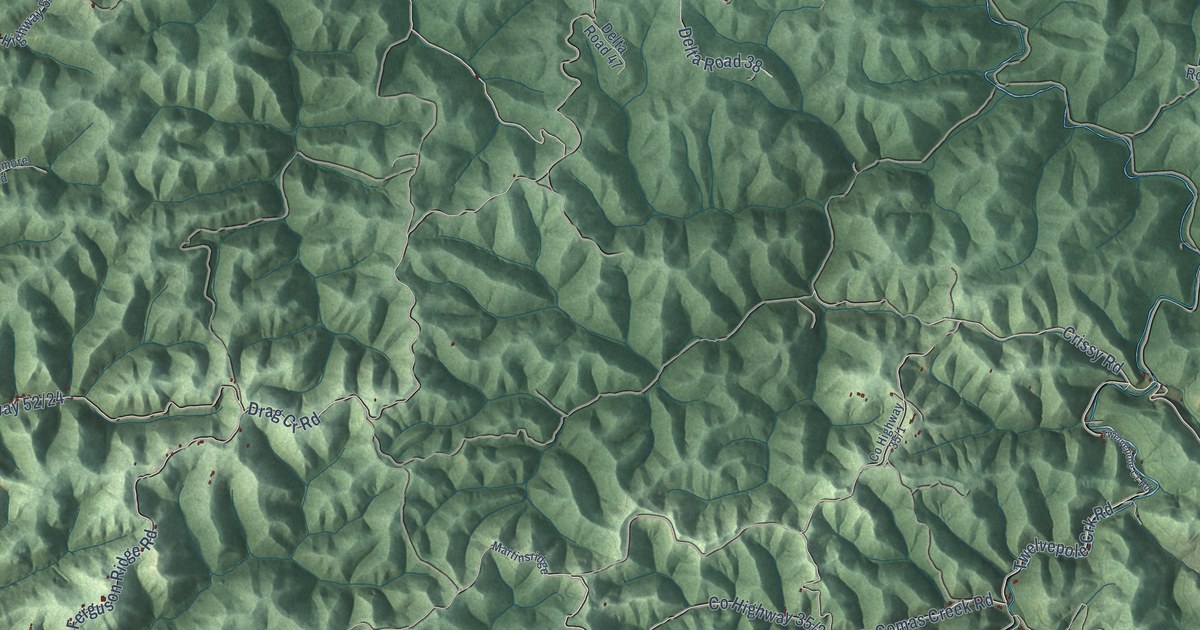 Close-up of streets and buildings in Dunlow, West Virginia