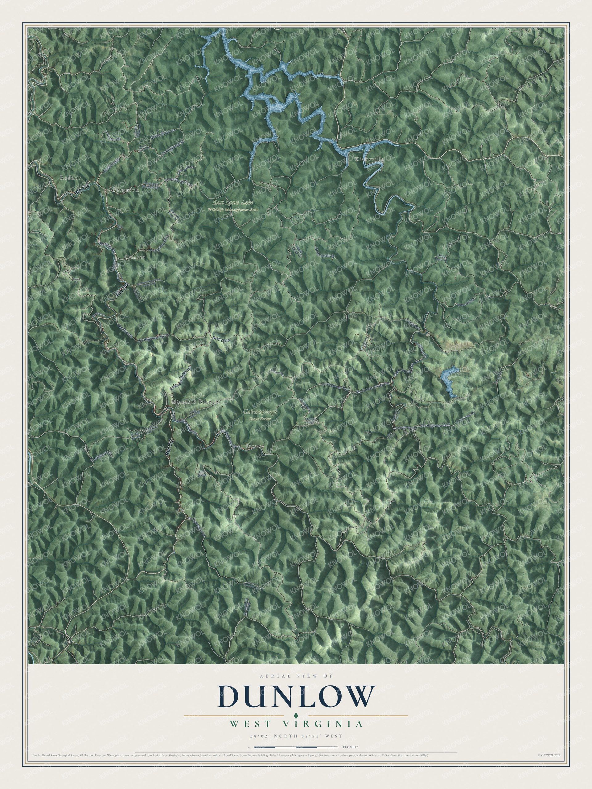 Full map of Dunlow, West Virginia, with red buildings, printed street names and the land around them
