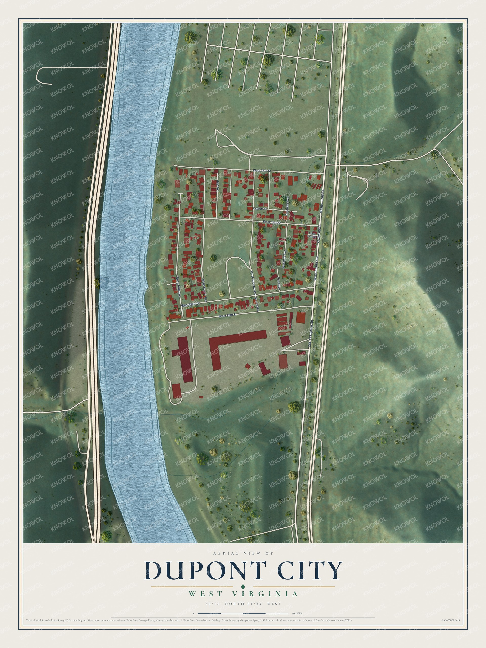 Full map of Dupont City, West Virginia, with red buildings, printed street names and the land around them