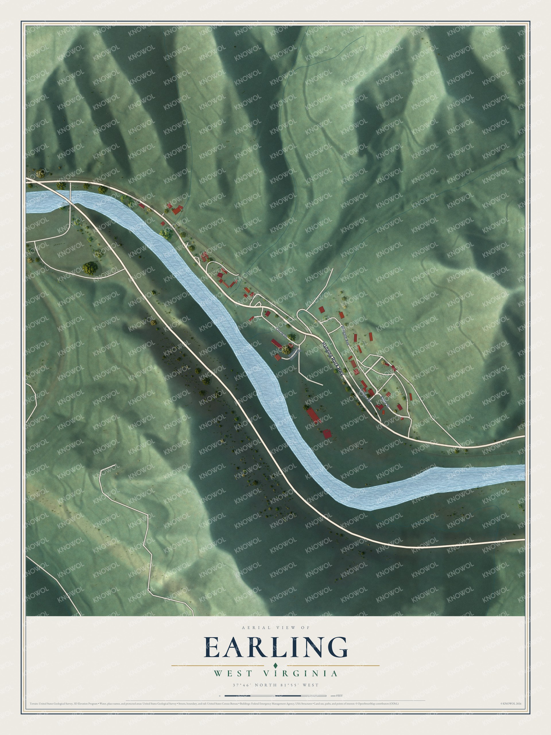 Full map of Earling, West Virginia, with red buildings, printed street names and the land around them