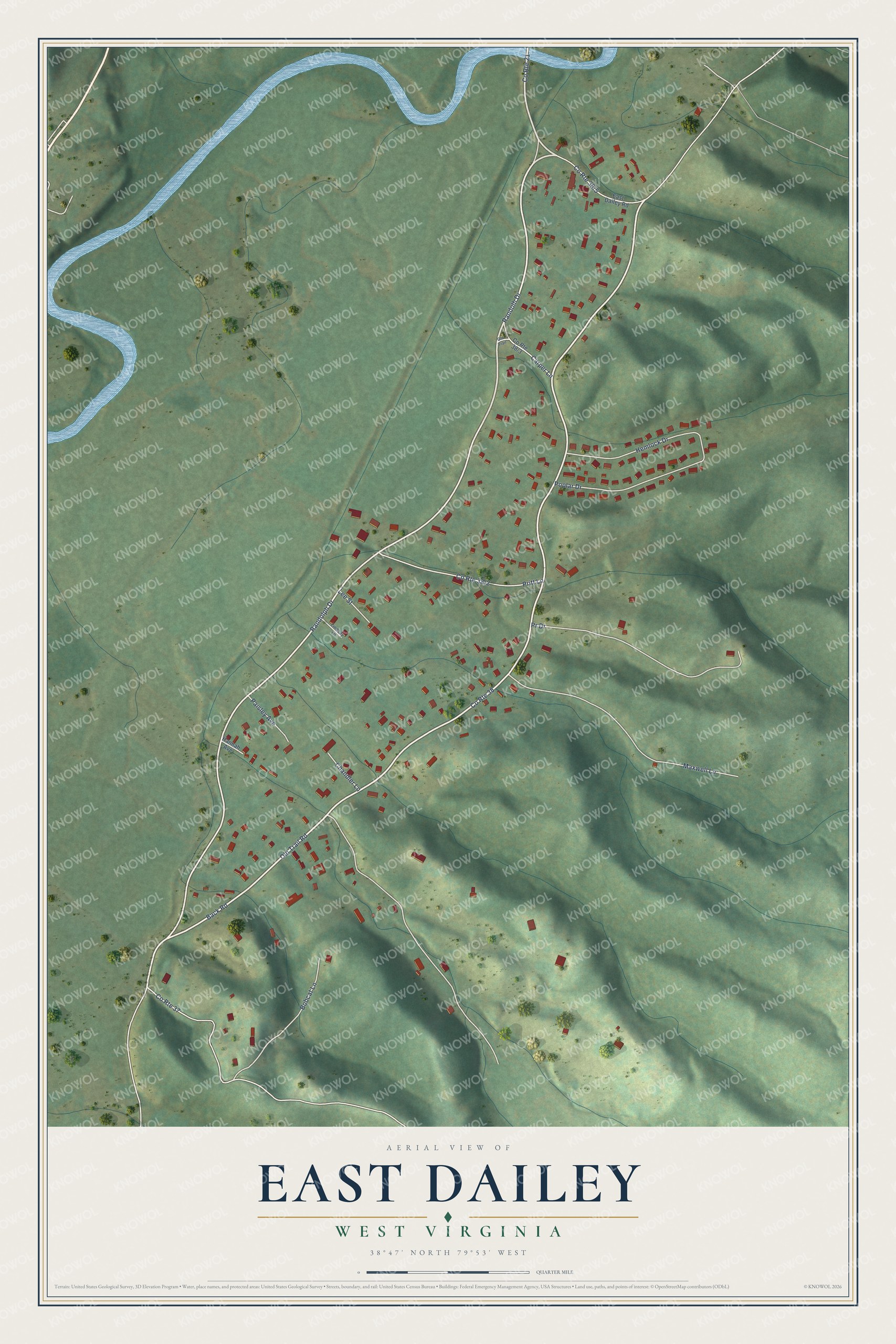 Full map of East Dailey, West Virginia, with red buildings, printed street names and the land around them