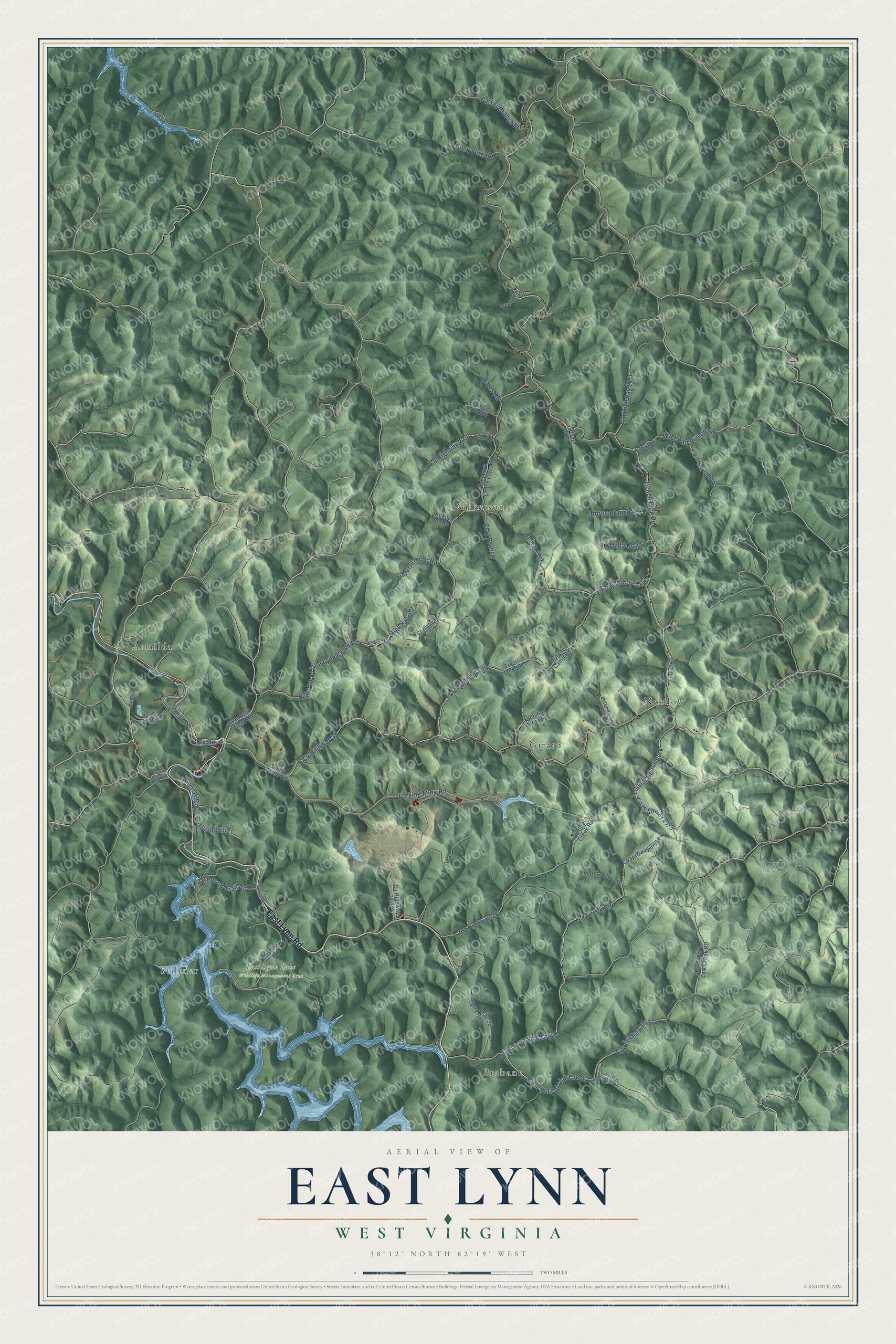 Full map of East Lynn, West Virginia, with red buildings, printed street names and the land around them