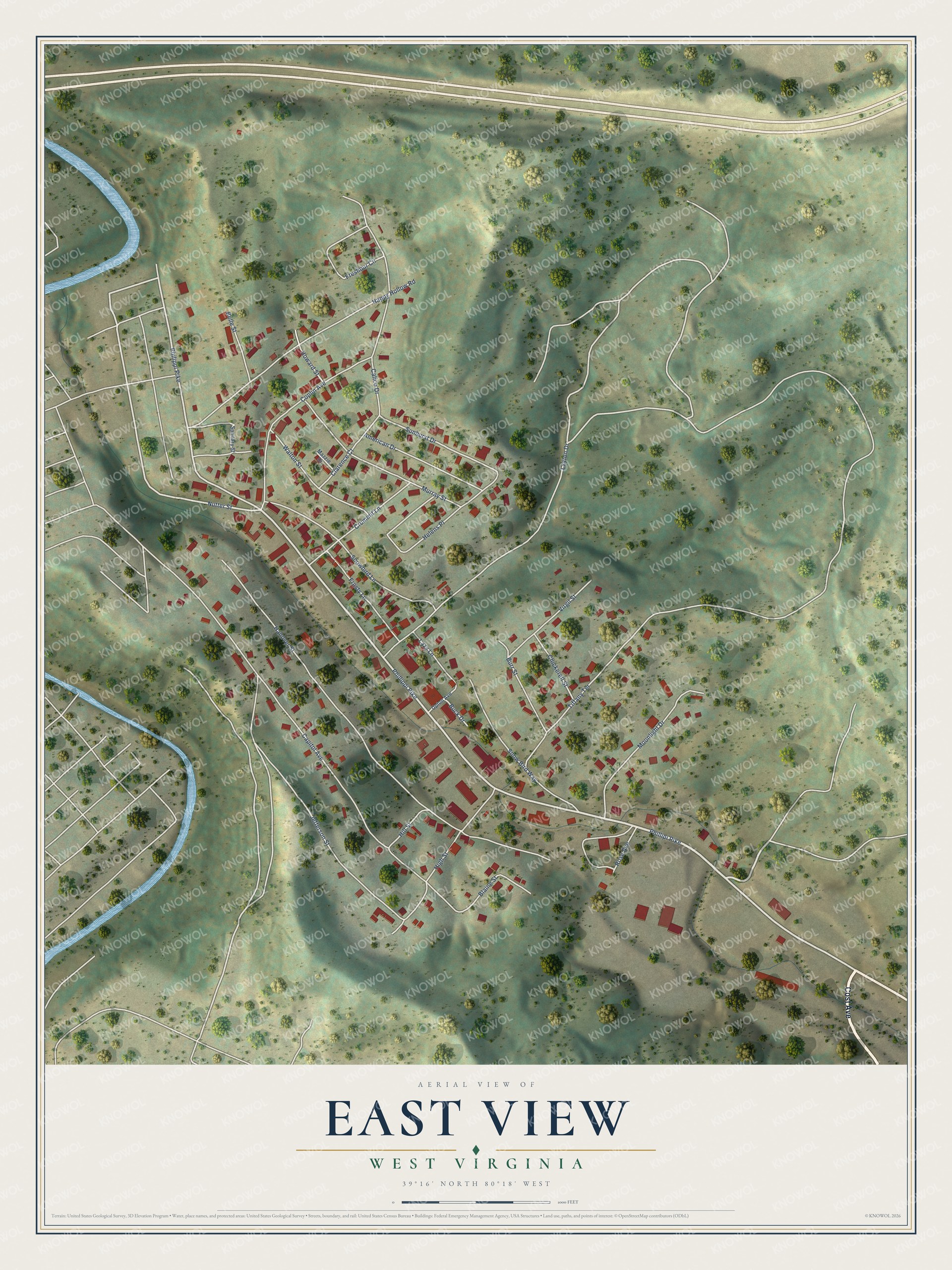Full map of East View, West Virginia, with red buildings, printed street names and the land around them