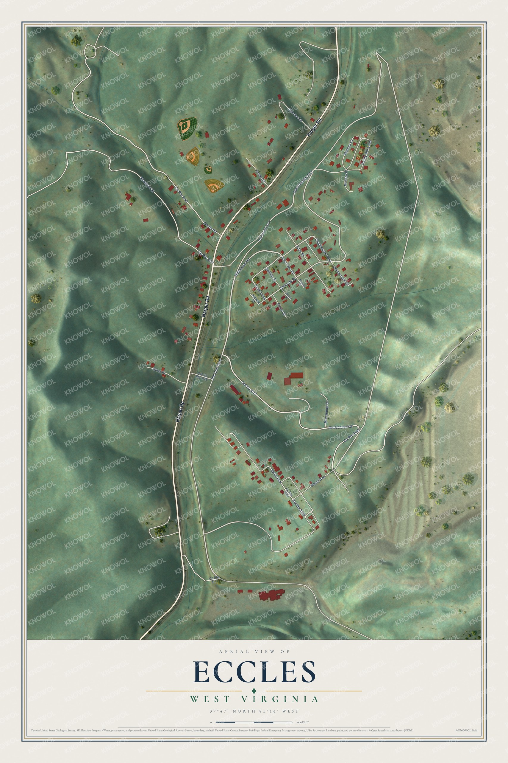 Full map of Eccles, West Virginia, with red buildings, printed street names and the land around them