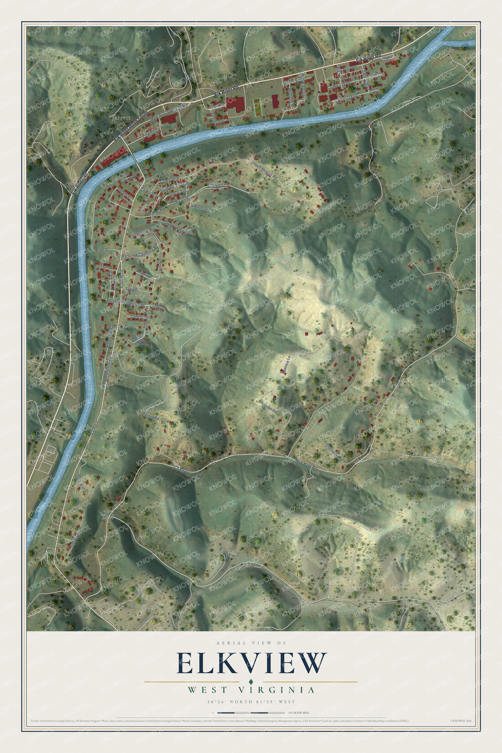 Full map of Elkview, West Virginia, with red buildings, printed street names and the land around them