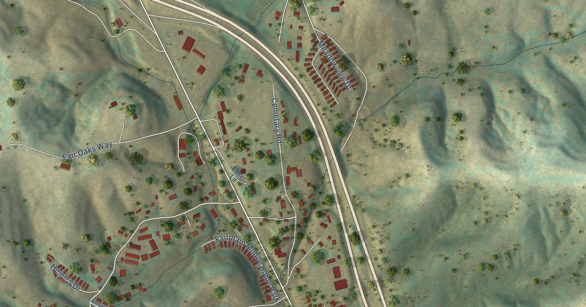 Close-up of streets and buildings in Fairplain, West Virginia