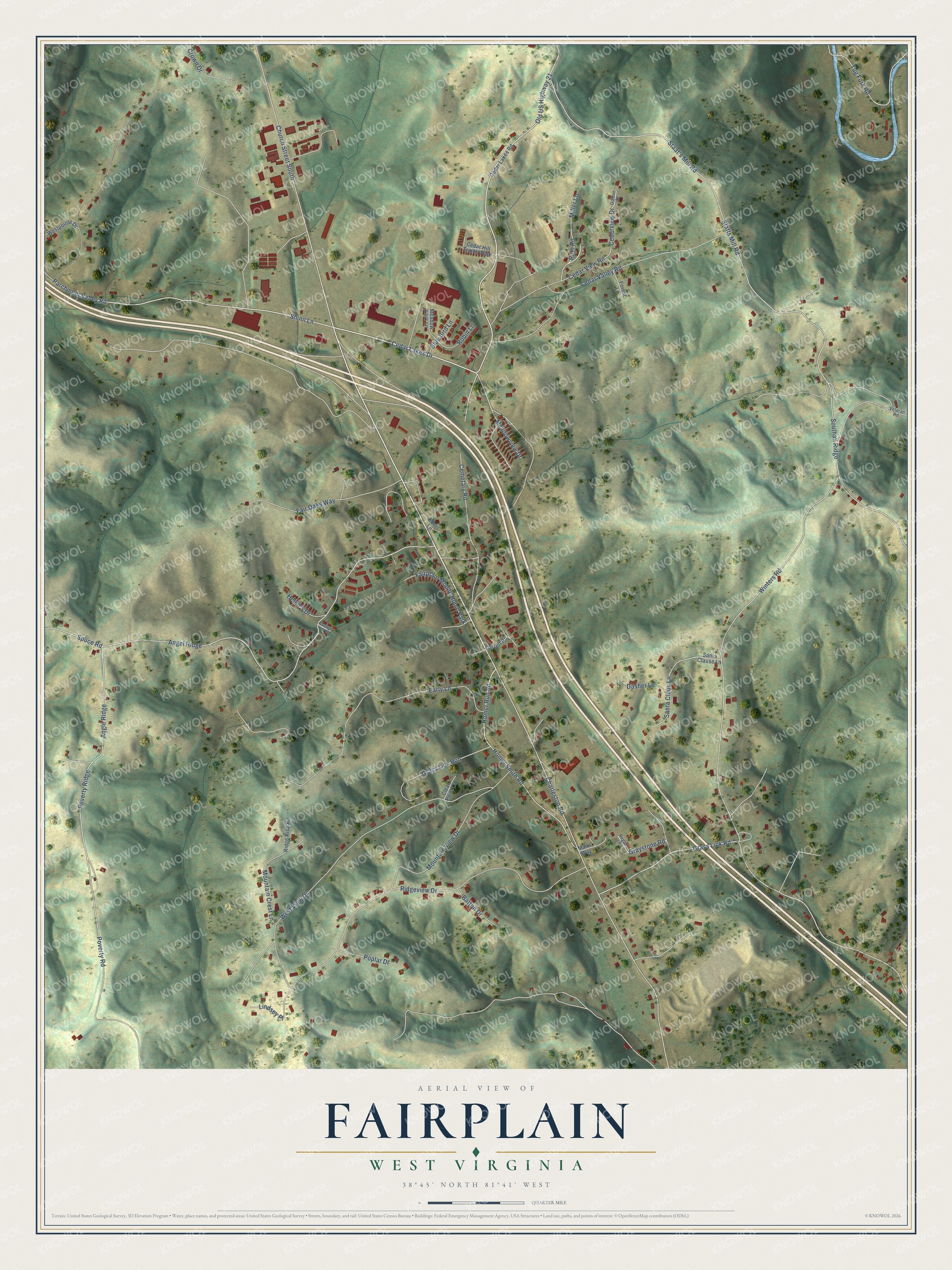 Full map of Fairplain, West Virginia, with red buildings, printed street names and the land around them