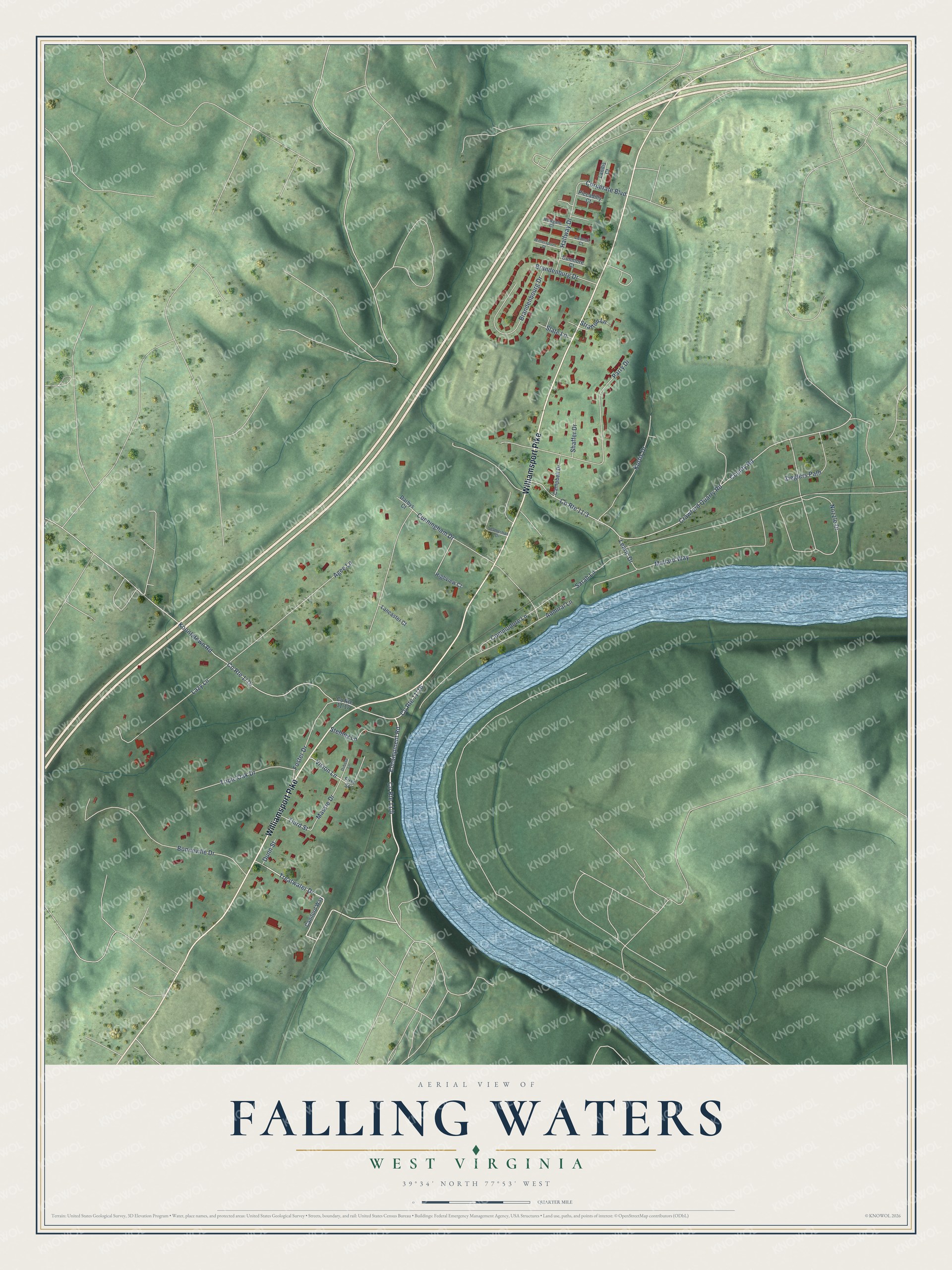 Full map of Falling Waters, West Virginia, with red buildings, printed street names and the land around them
