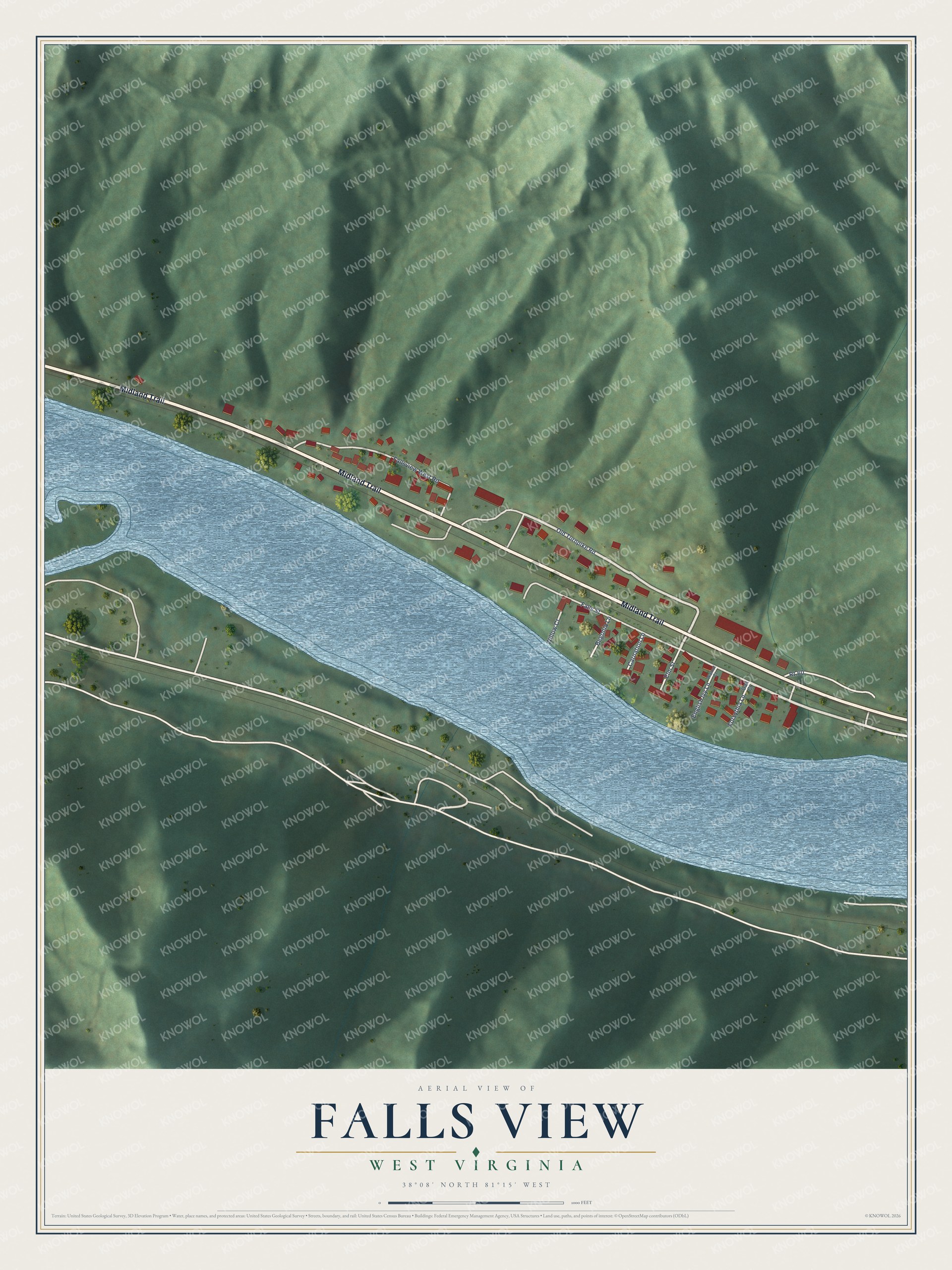 Full map of Falls View, West Virginia, with red buildings, printed street names and the land around them