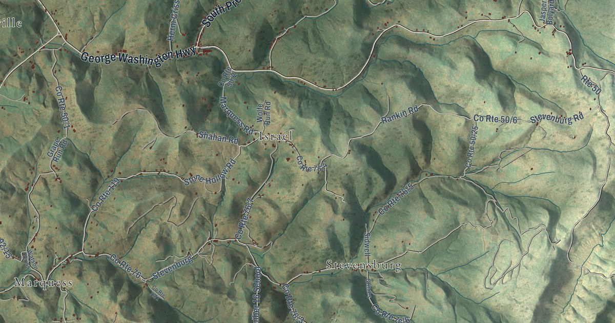 Close-up of streets and buildings in Fellowsville, West Virginia