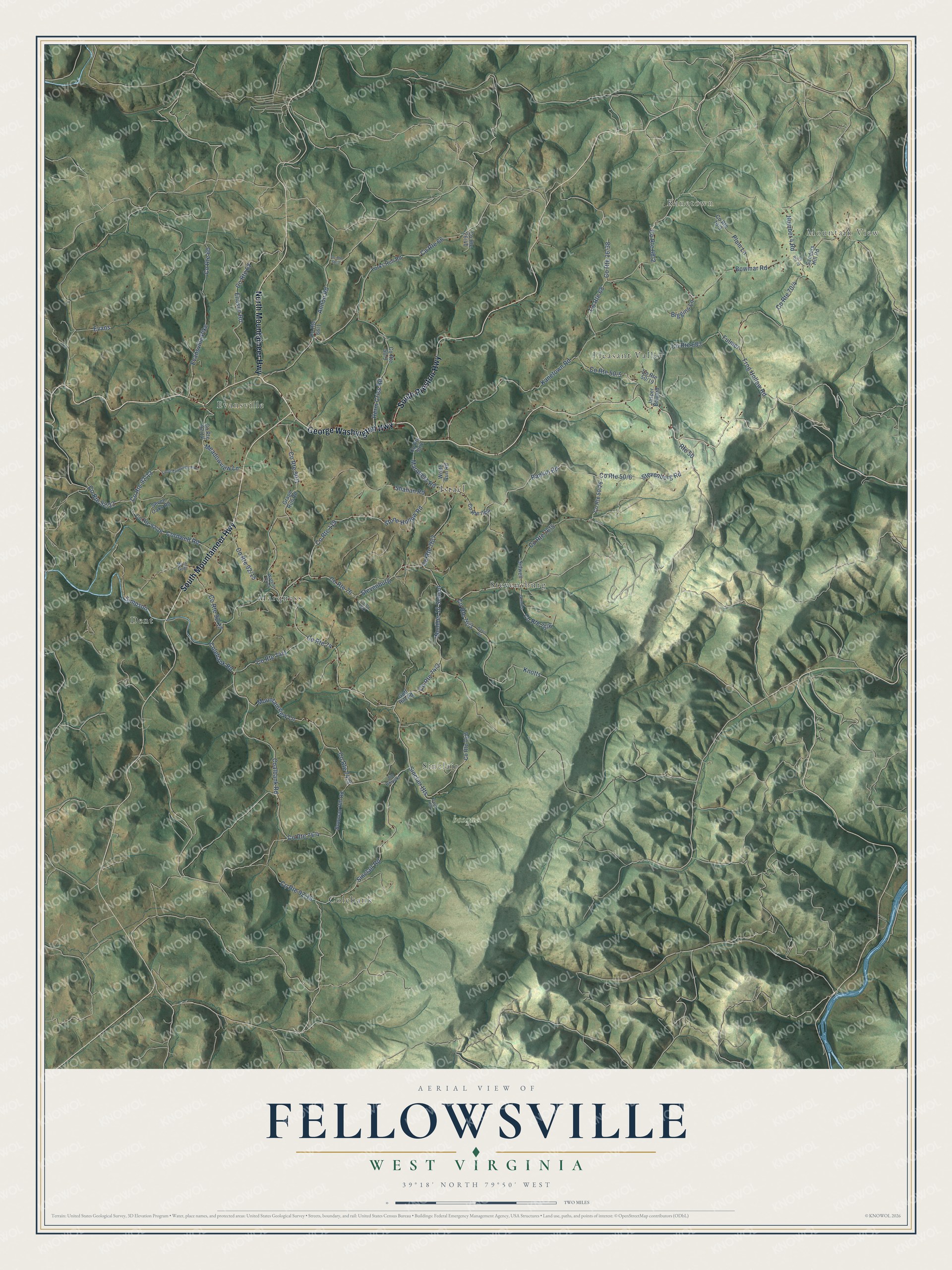 Full map of Fellowsville, West Virginia, with red buildings, printed street names and the land around them