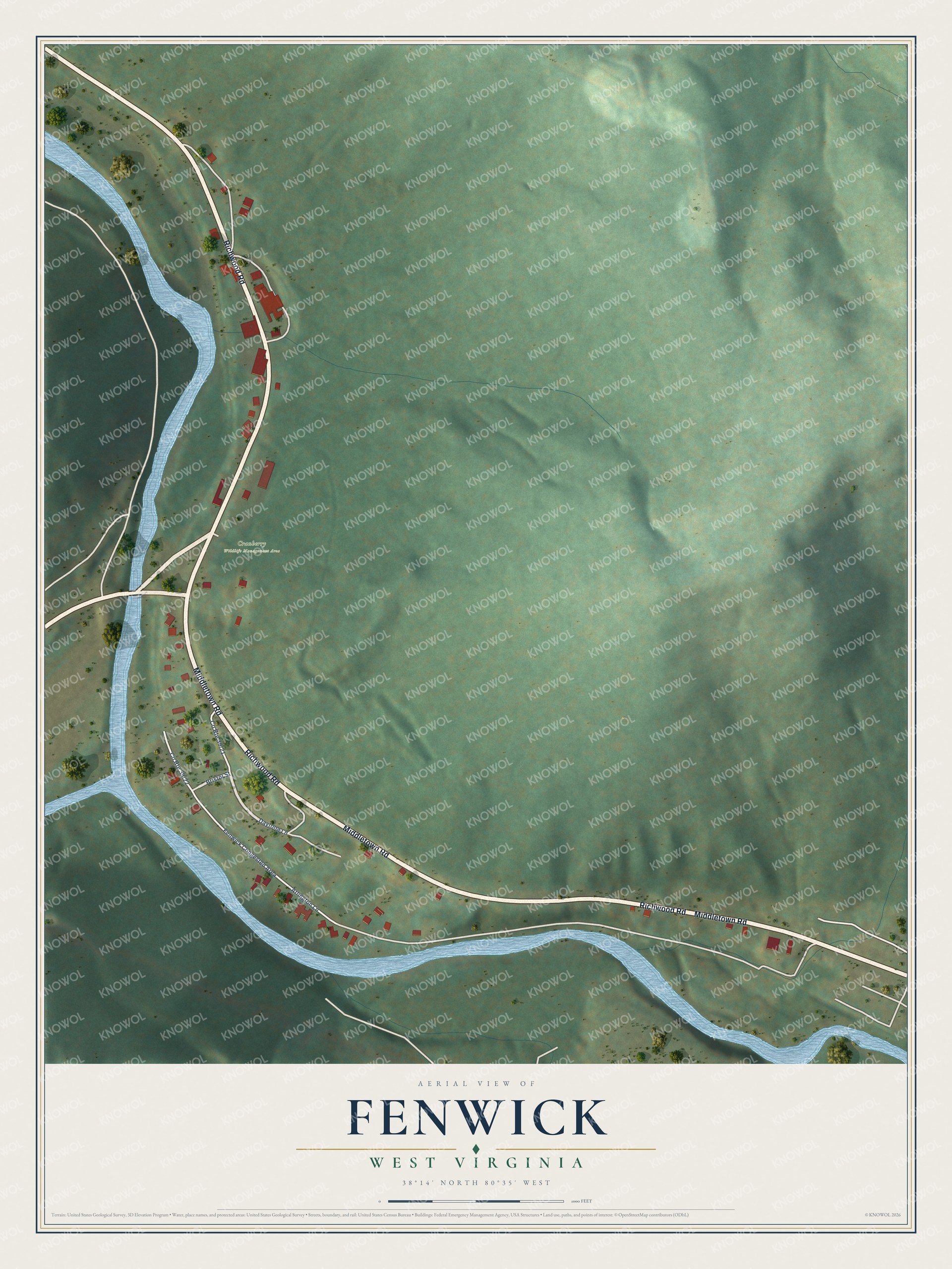 Full map of Fenwick, West Virginia, with red buildings, printed street names and the land around them
