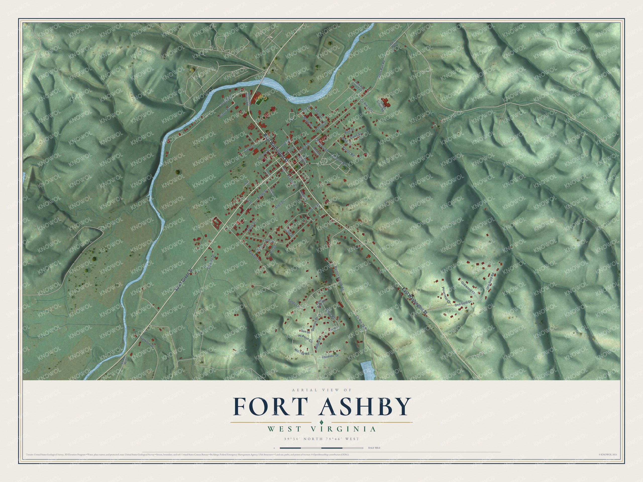 Full map of Fort Ashby, West Virginia, with red buildings, printed street names and the land around them