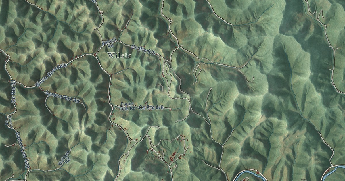 Close-up of streets and buildings in Frametown, West Virginia