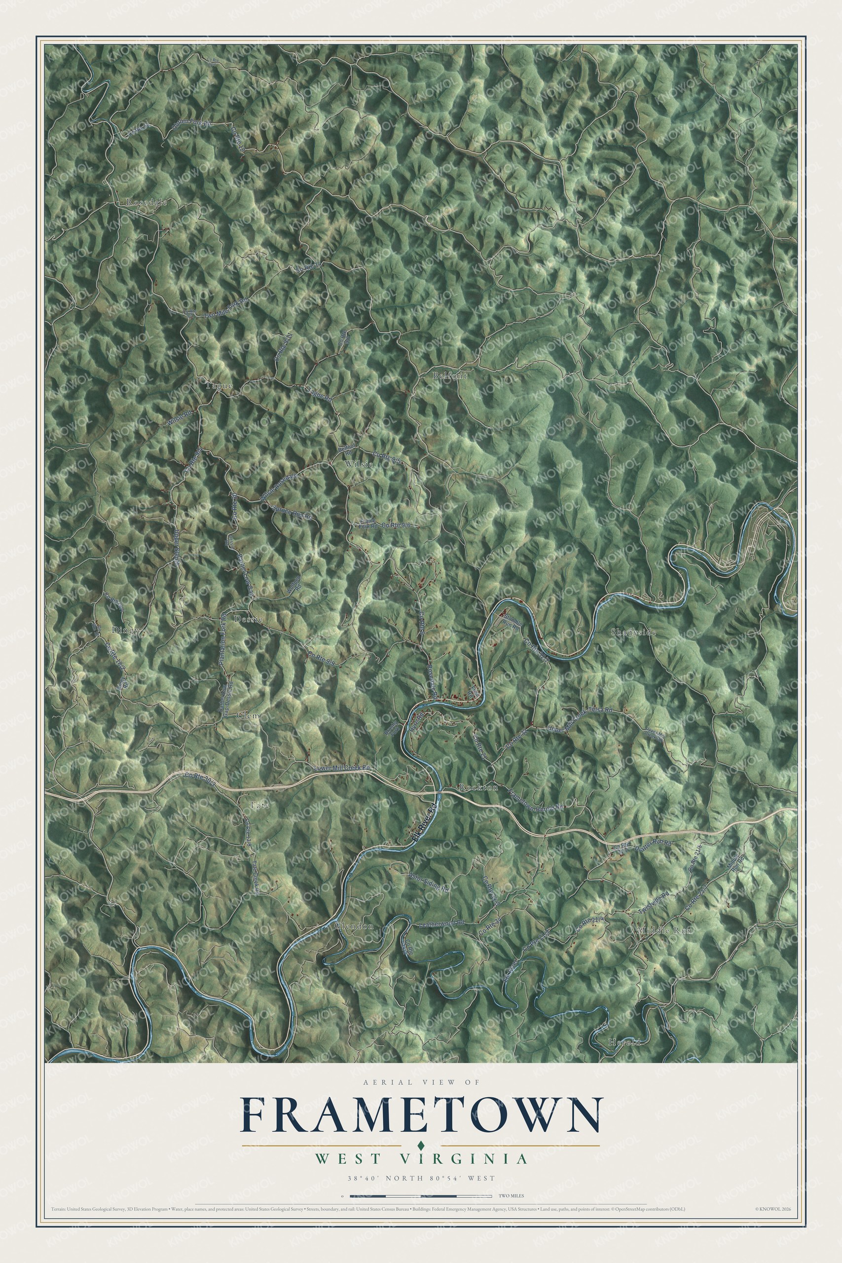 Full map of Frametown, West Virginia, with red buildings, printed street names and the land around them