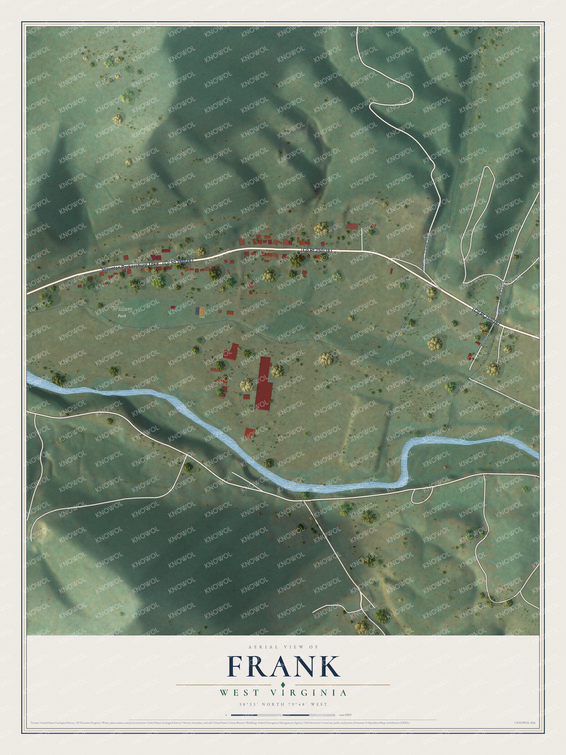 Full map of Frank, West Virginia, with red buildings, printed street names and the land around them