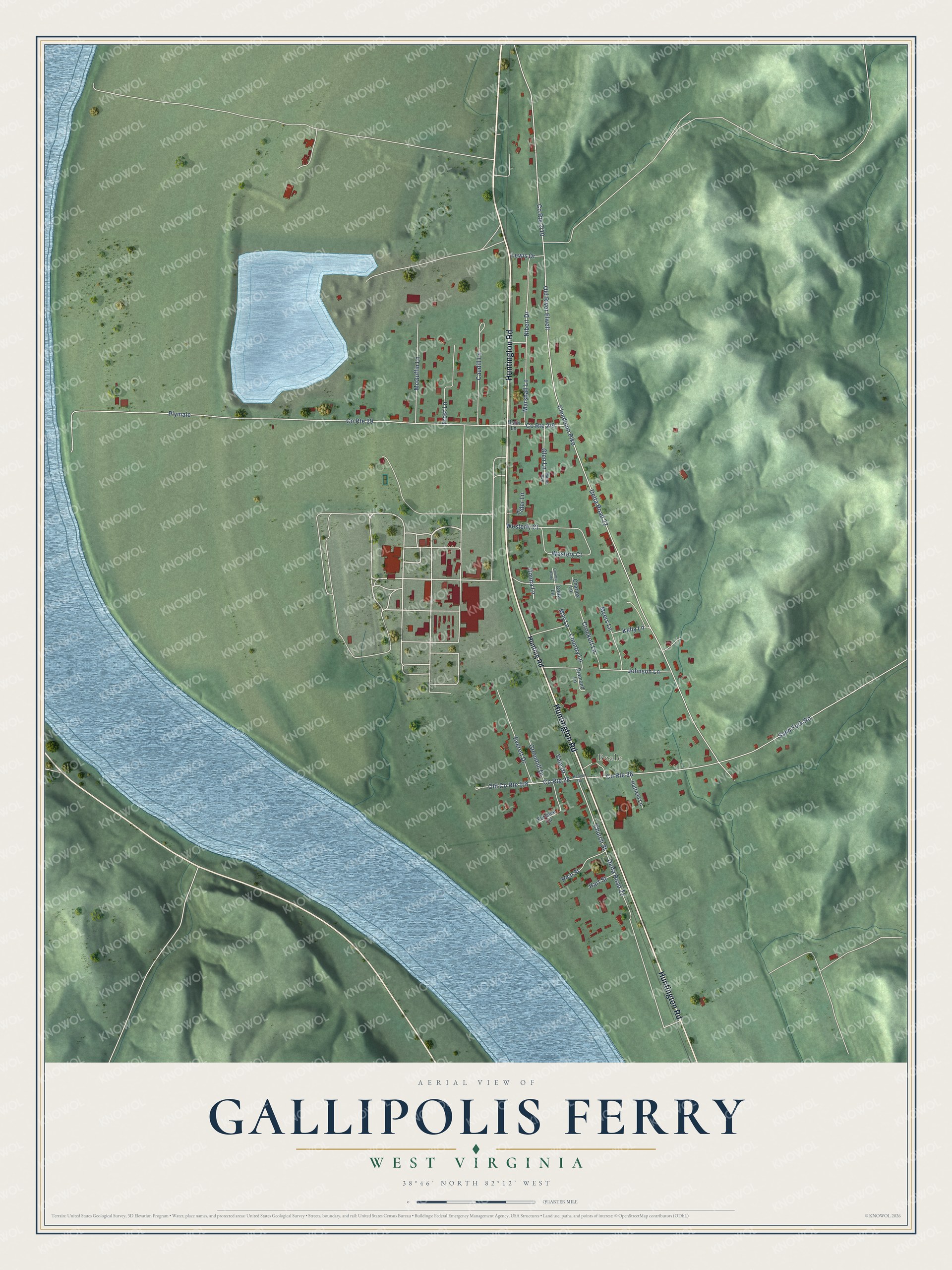 Full map of Gallipolis Ferry, West Virginia, with red buildings, printed street names and the land around them