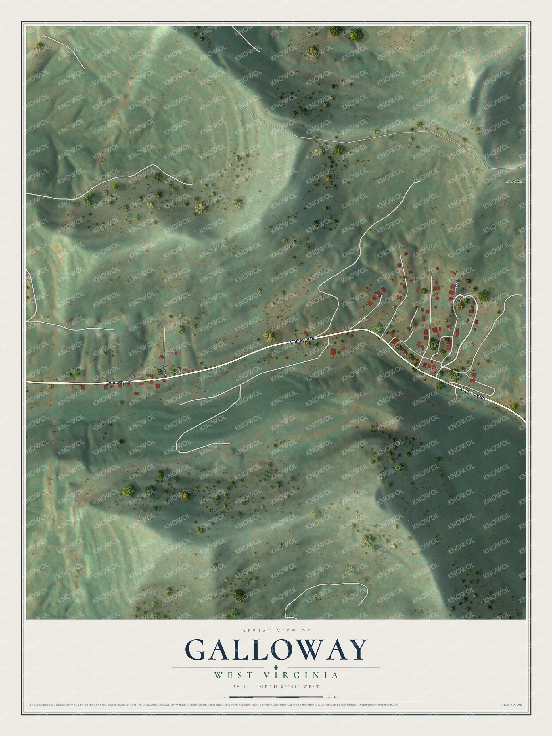 Full map of Galloway, West Virginia, with red buildings, printed street names and the land around them
