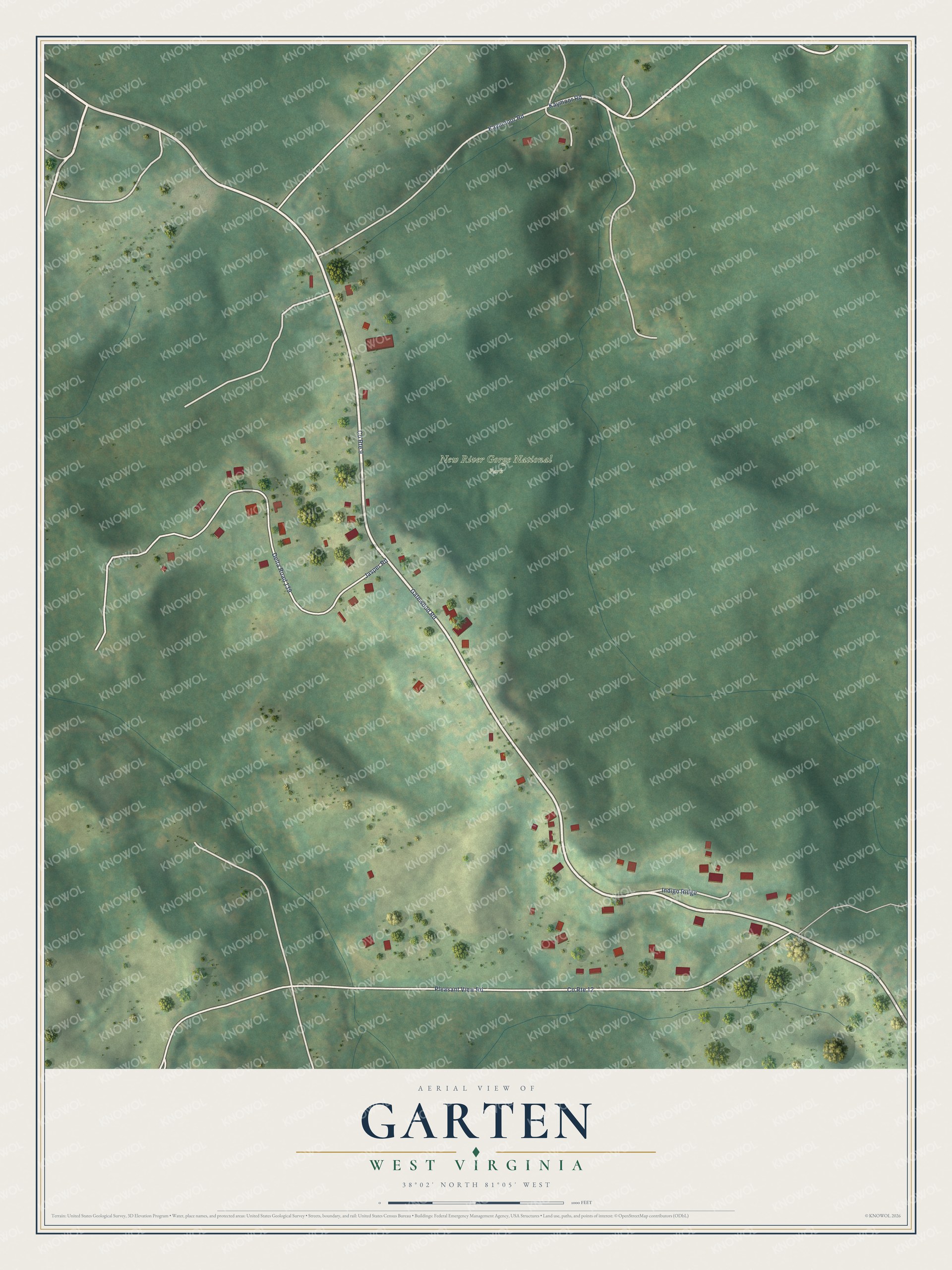 Full map of Garten, West Virginia, with red buildings, printed street names and the land around them