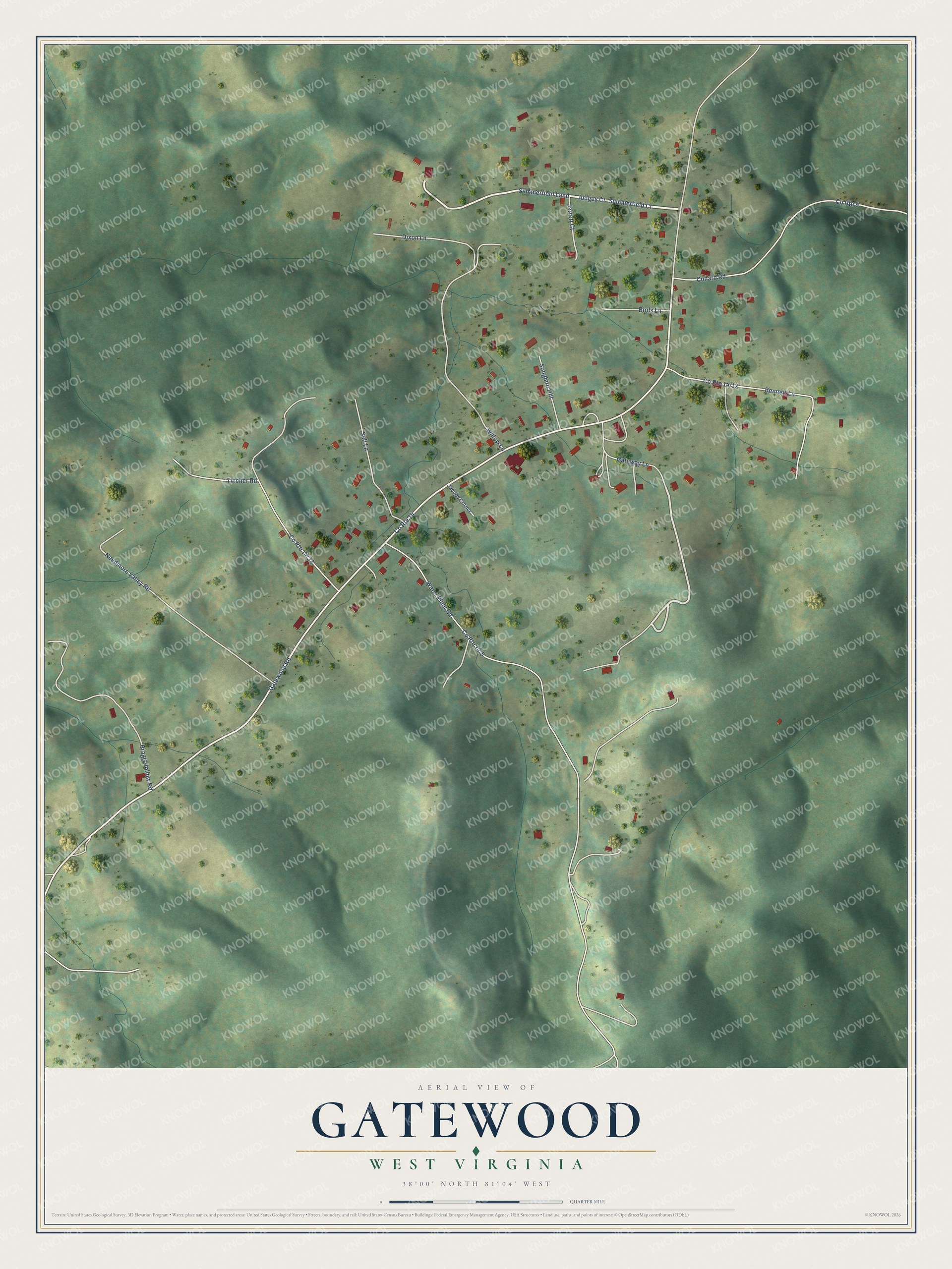 Full map of Gatewood, West Virginia, with red buildings, printed street names and the land around them