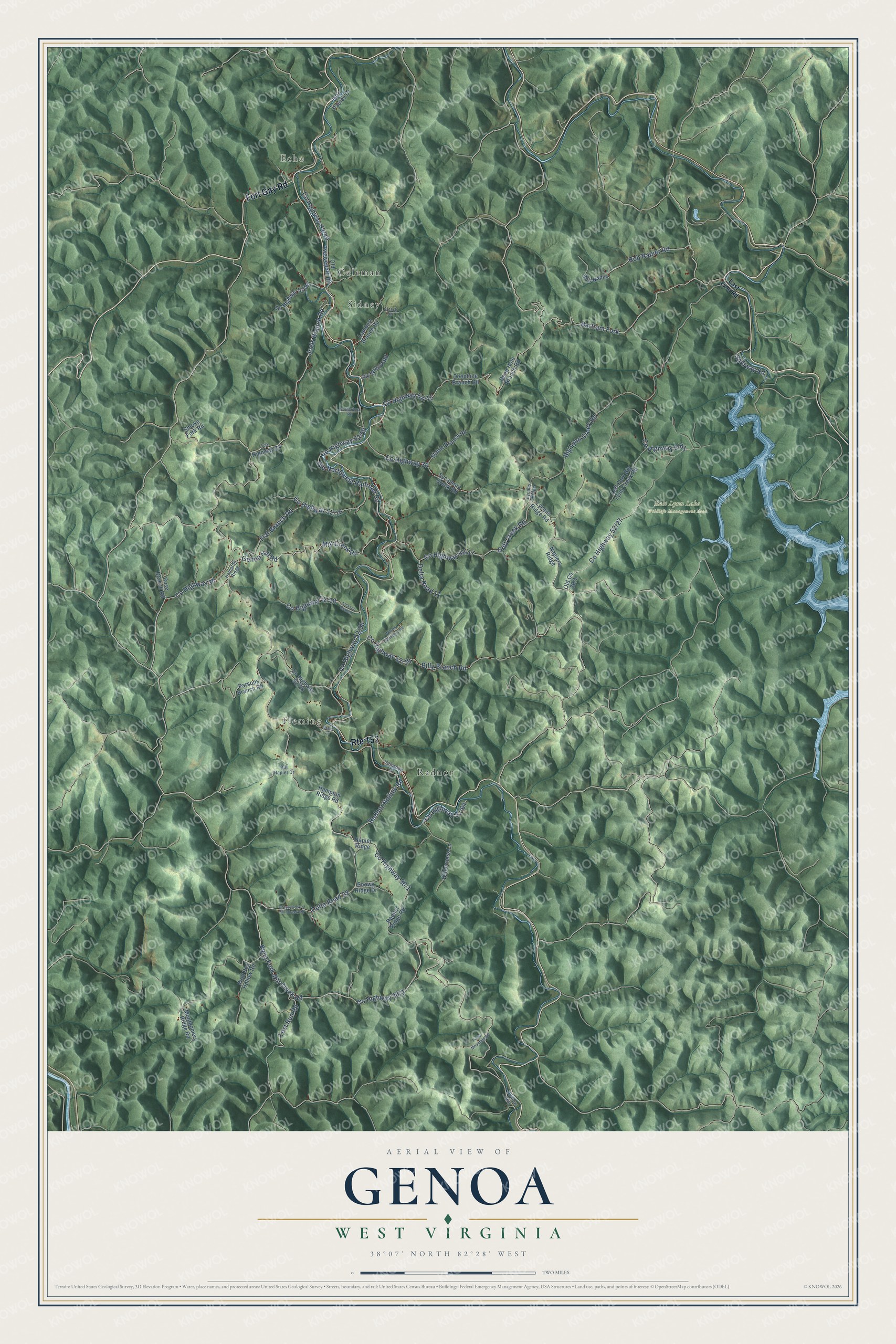 Full map of Genoa, West Virginia, with red buildings, printed street names and the land around them