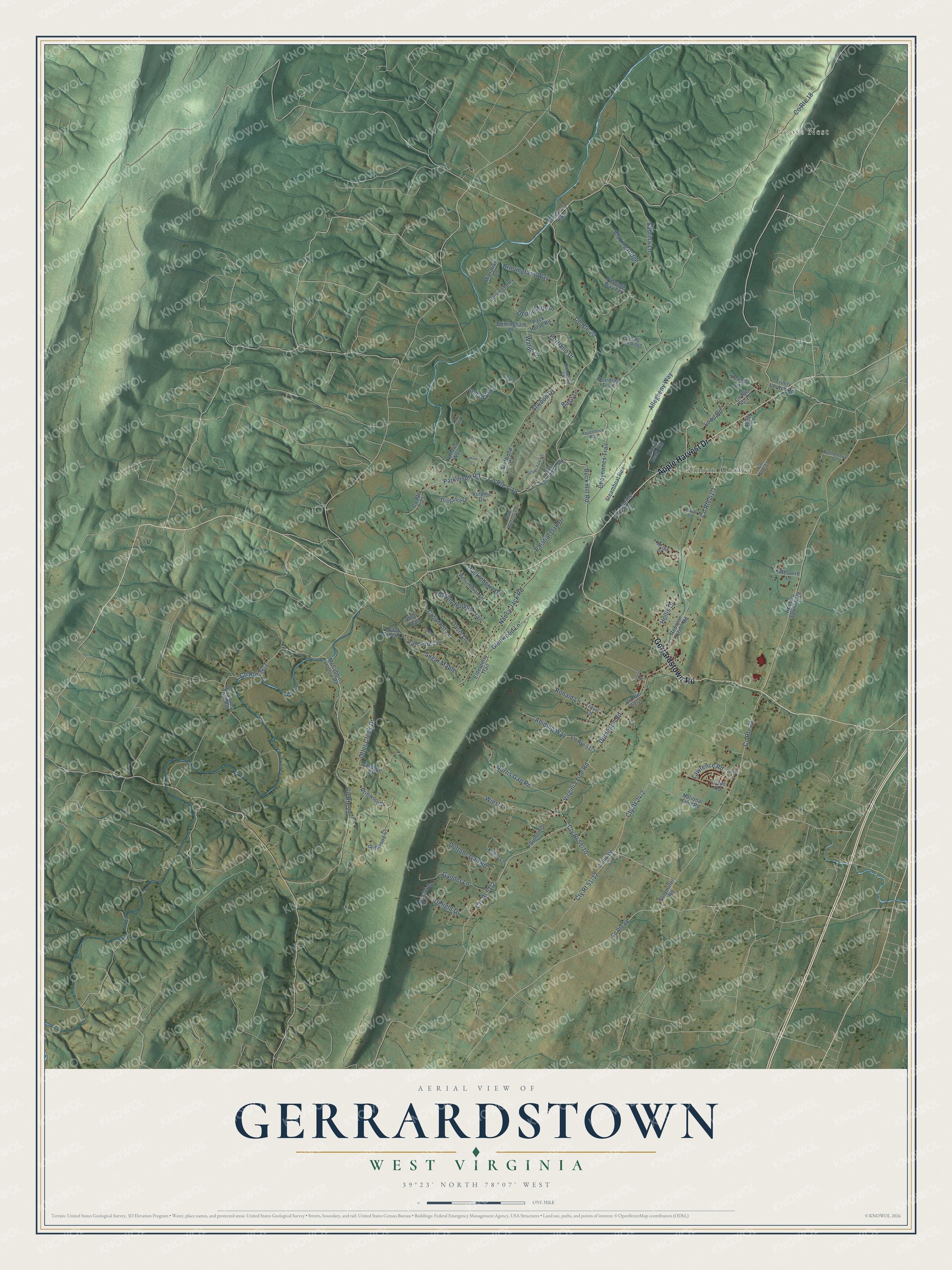 Full map of Gerrardstown, West Virginia, with red buildings, printed street names and the land around them