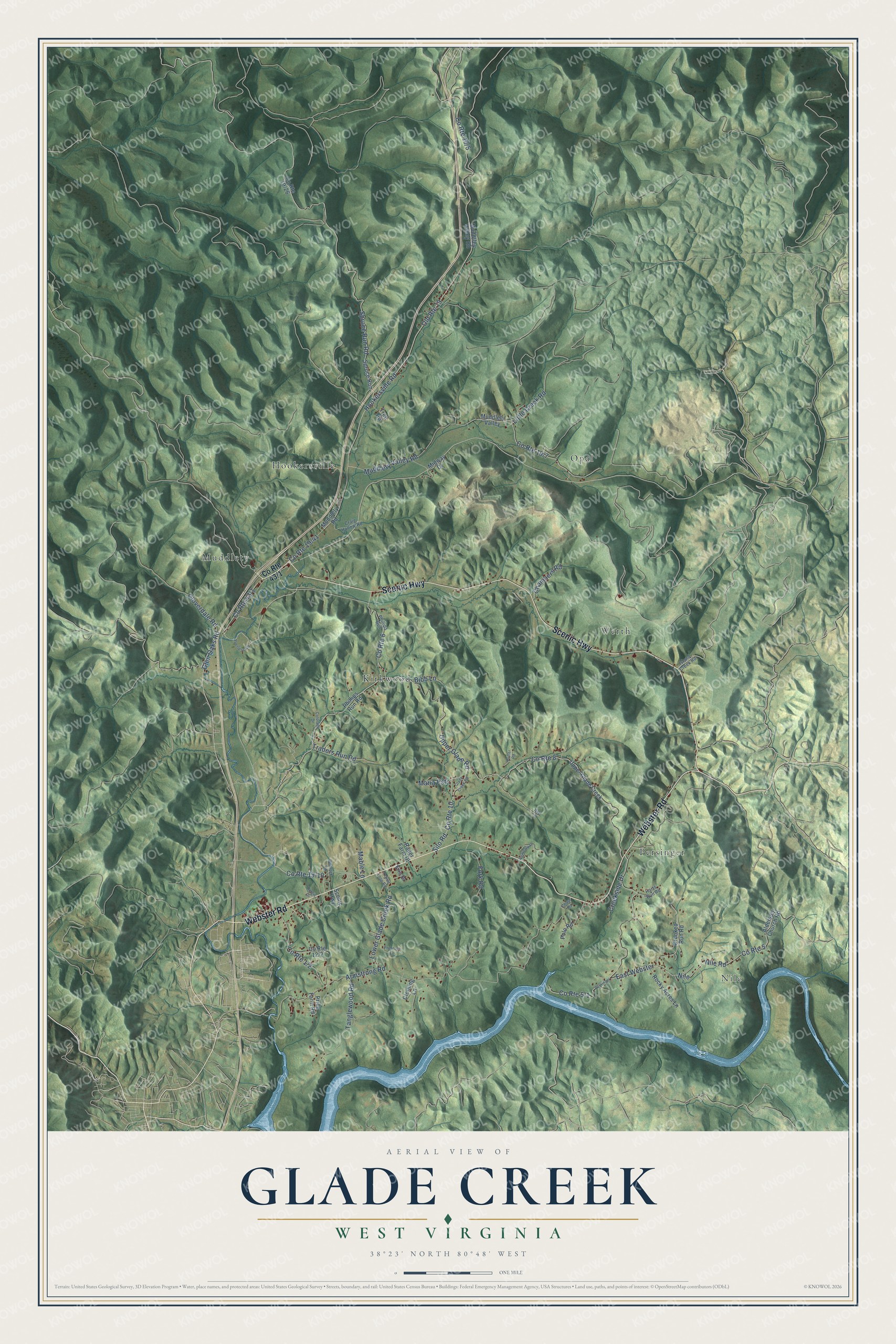 Full map of Glade Creek, West Virginia, with red buildings, printed street names and the land around them