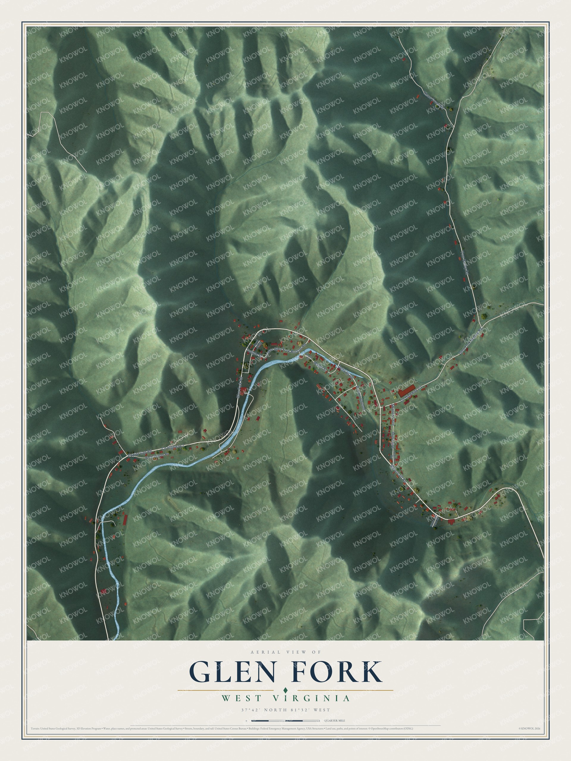 Full map of Glen Fork, West Virginia, with red buildings, printed street names and the land around them