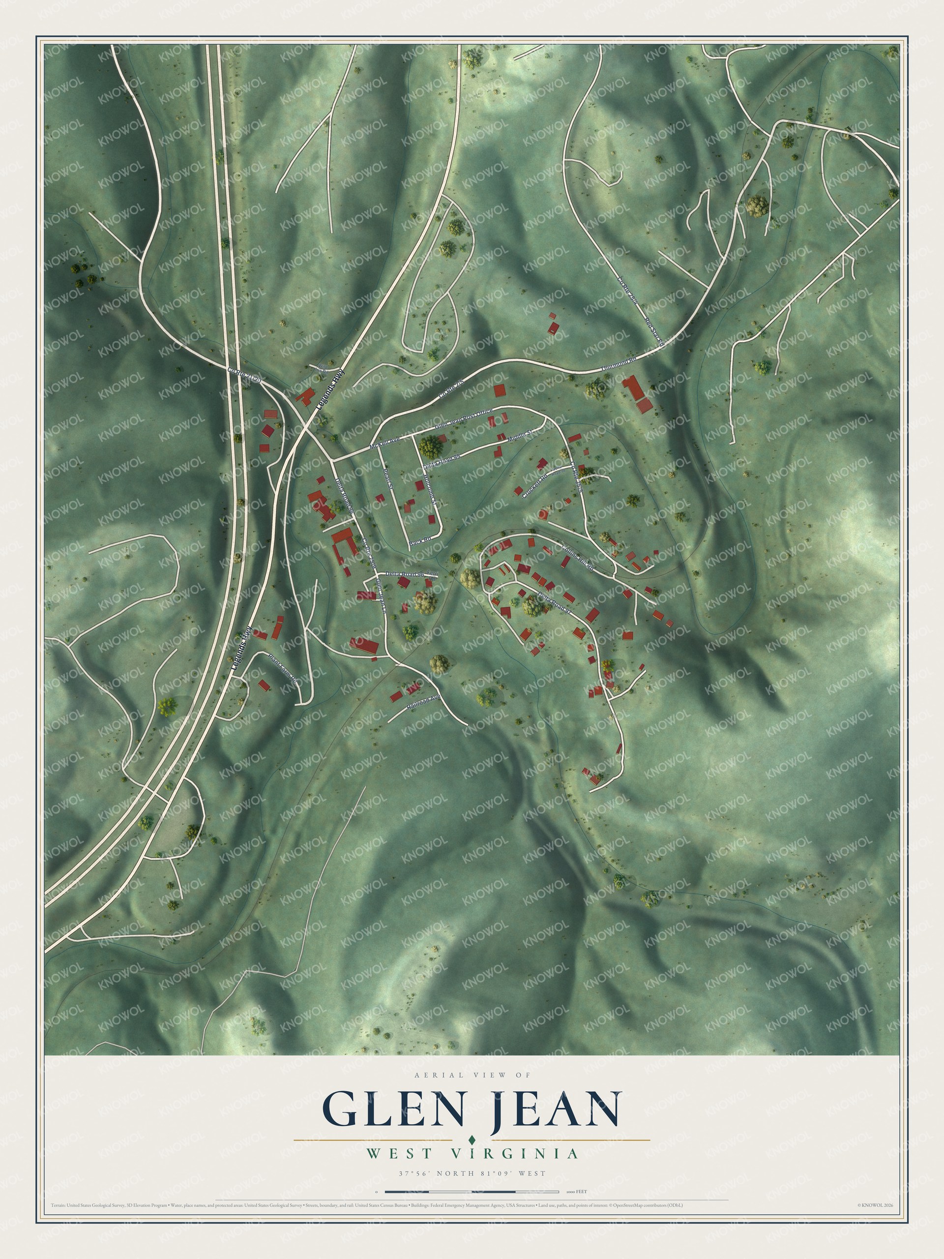 Full map of Glen Jean, West Virginia, with red buildings, printed street names and the land around them