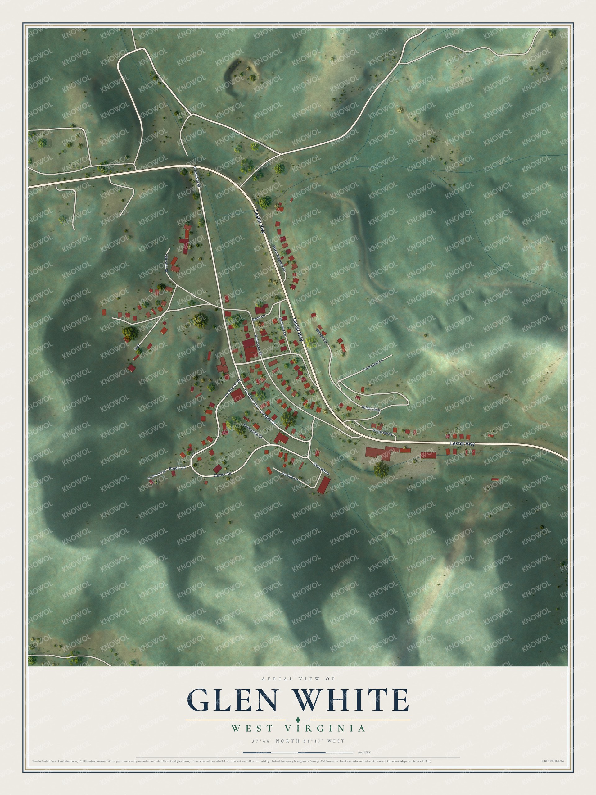 Full map of Glen White, West Virginia, with red buildings, printed street names and the land around them