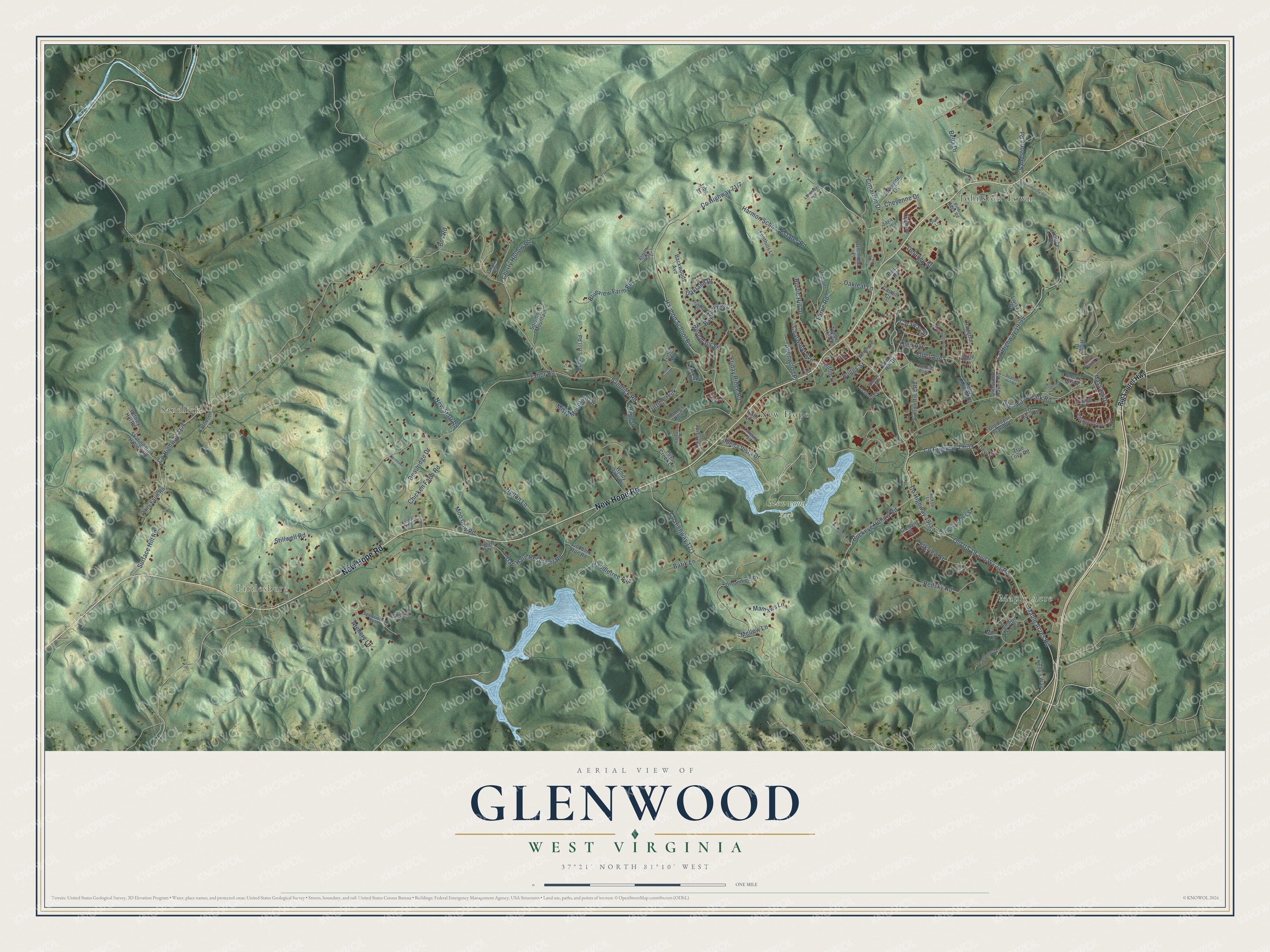 Full map of Glenwood, West Virginia, with red buildings, printed street names and the land around them