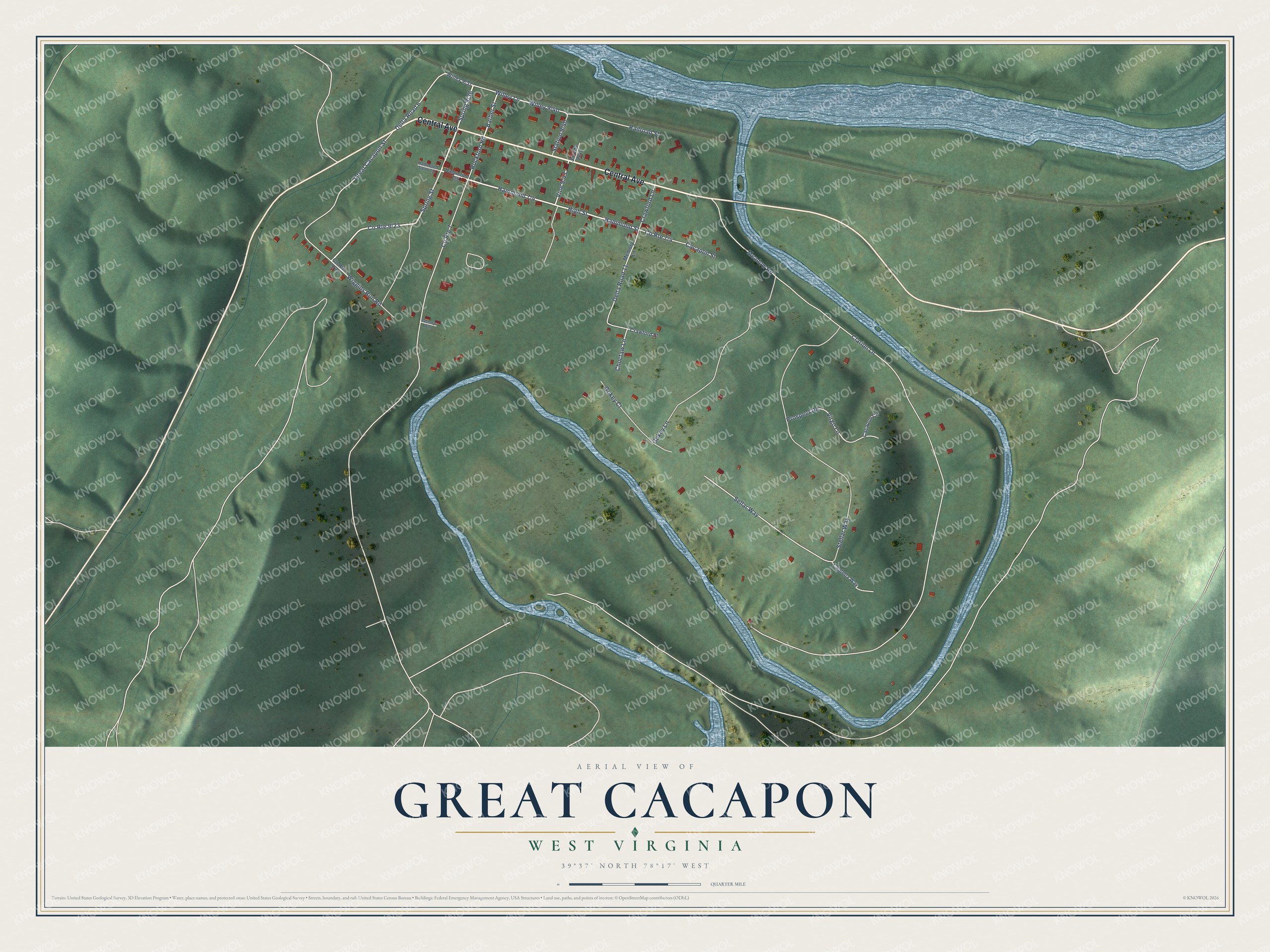 Full map of Great Cacapon, West Virginia, with red buildings, printed street names and the land around them