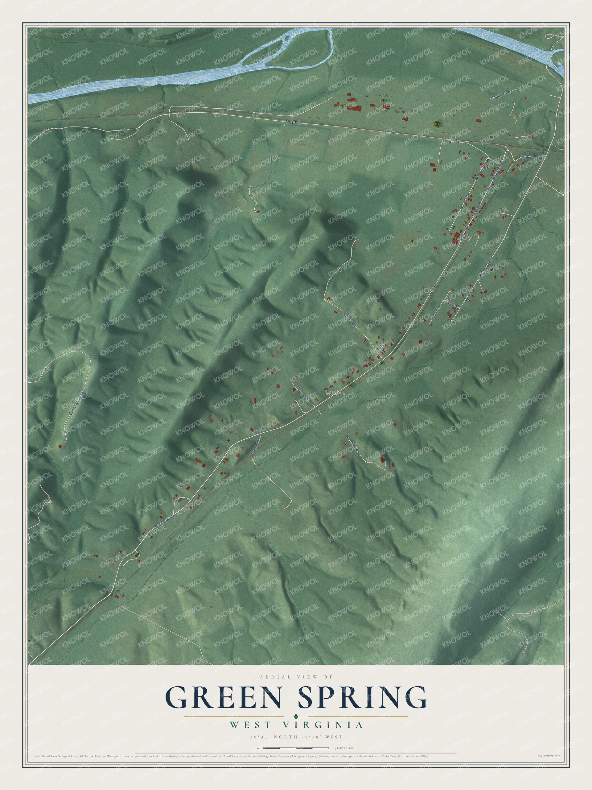 Full map of Green Spring, West Virginia, with red buildings, printed street names and the land around them