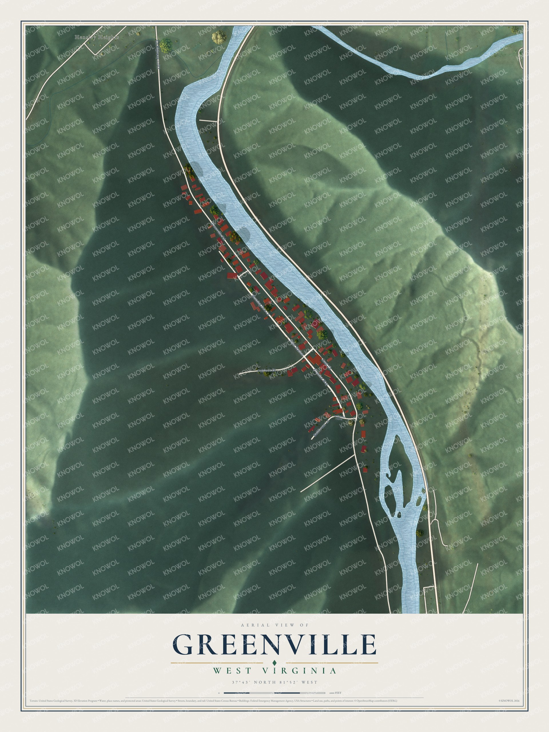 Full map of Greenville, West Virginia, with red buildings, printed street names and the land around them