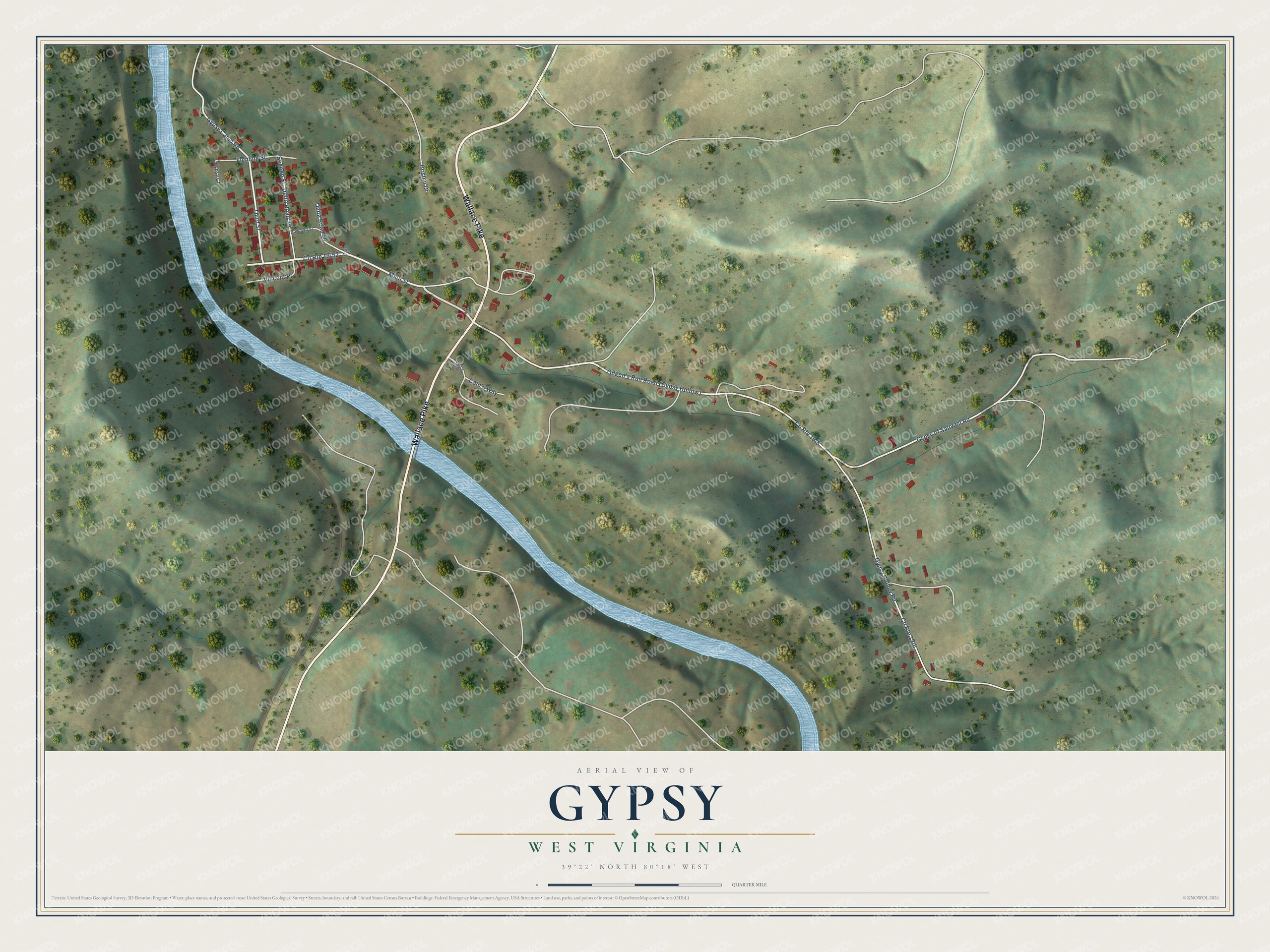 Full map of Gypsy, West Virginia, with red buildings, printed street names and the land around them