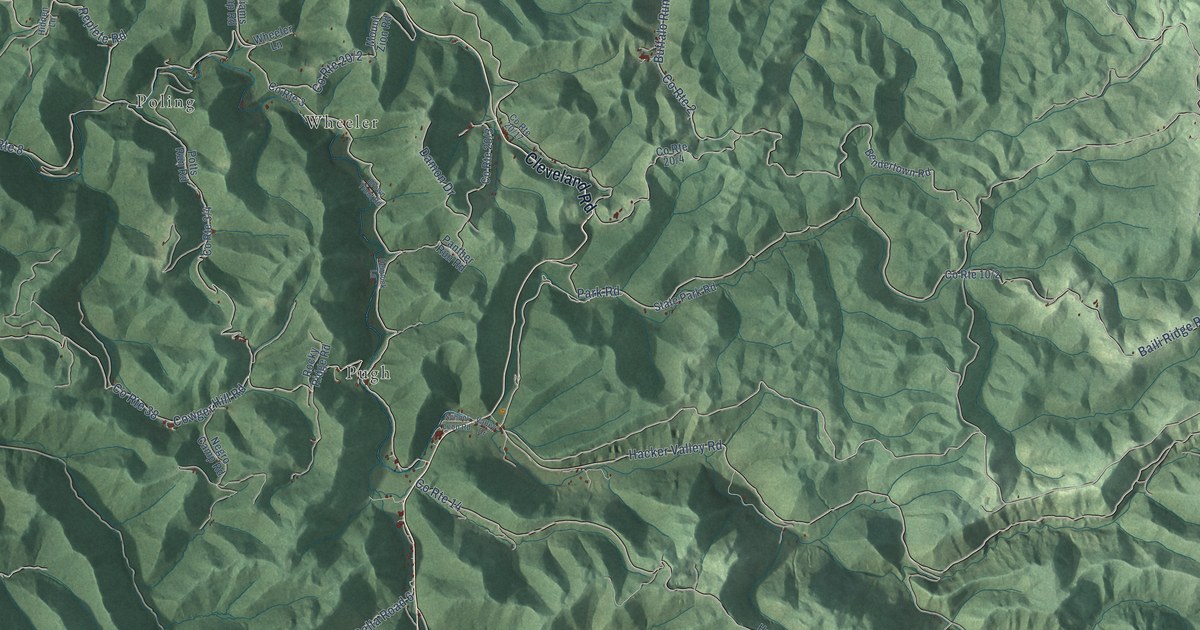 Close-up of streets and buildings in Hacker Valley, West Virginia