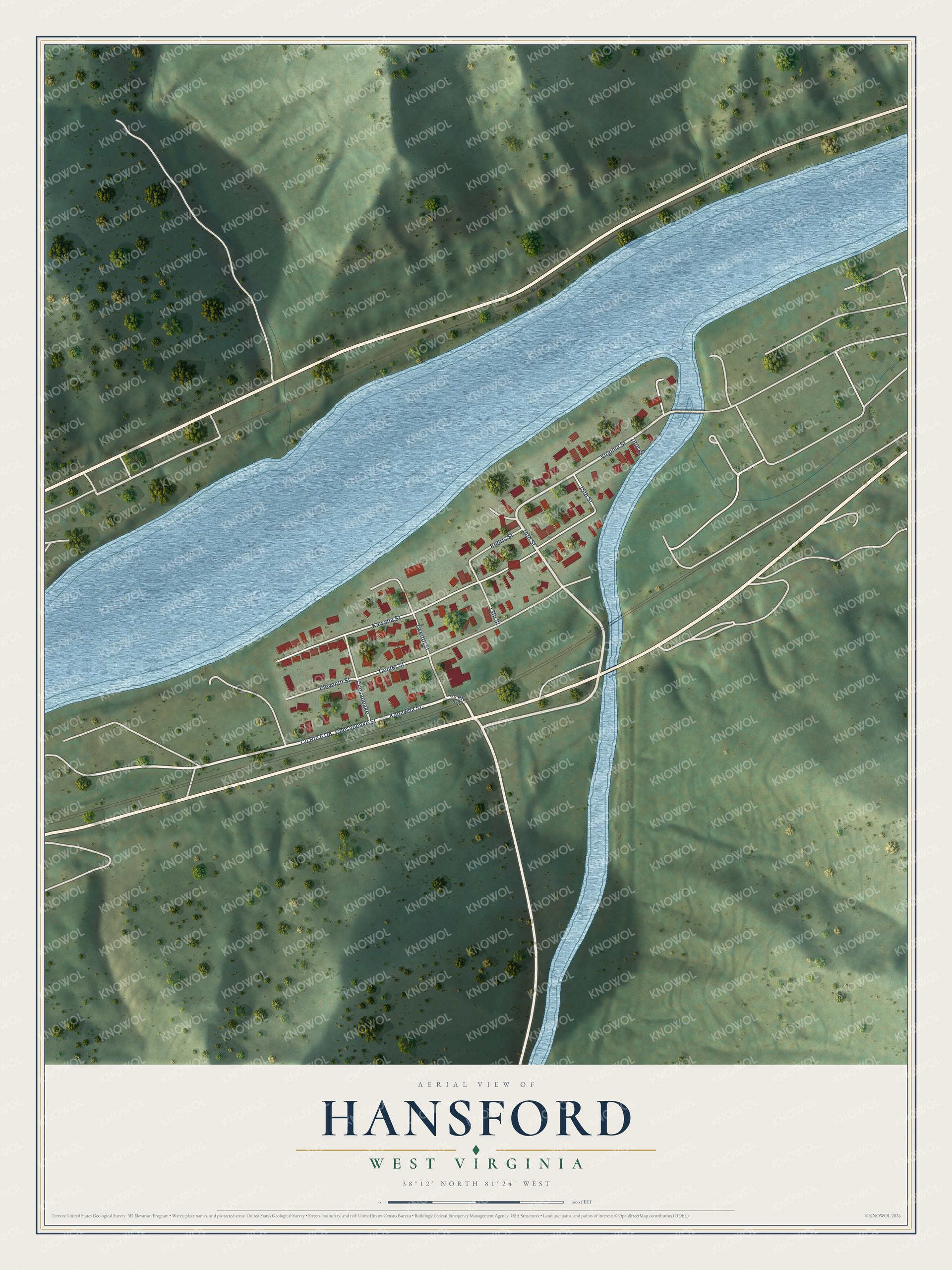 Full map of Hansford, West Virginia, with red buildings, printed street names and the land around them